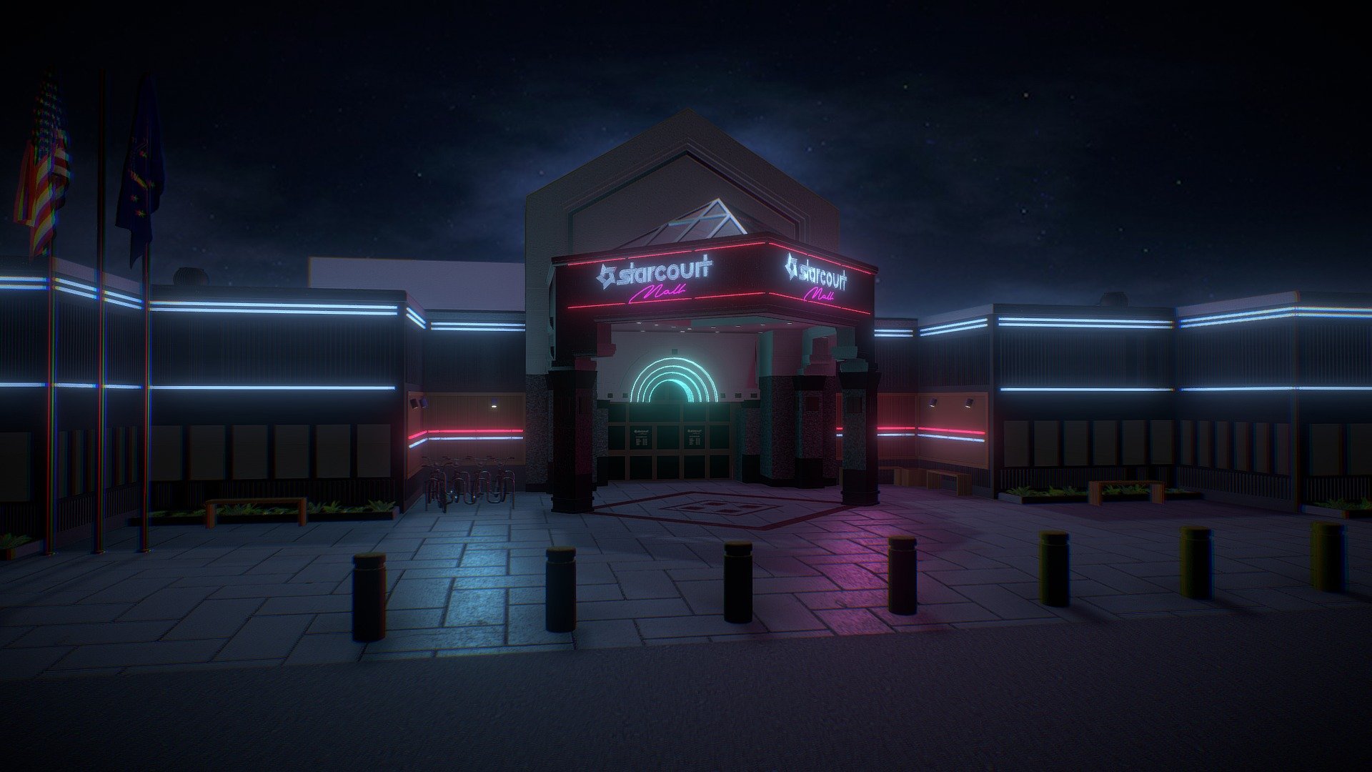 My model of Starcourt Mall from Stranger Things. This was modelled in 3DS Max using photos of the actual mall and splines for the neon lights. As soon as I saw the trailer for Season 3, I knew I had to build this. Check out my other Stranger Things models in my collections here ;) 

Daytime version: https://sketchfab.com/3d-models/starcourt-mall-stranger-things-daytime-25bbfd839fb545a8a8c4018e395d9804?share=da694d73daf5c60bc5c7129f1b065e11dc5baa7af7ce3f540a4dfd2813971f2c

This model is not downloadable anymore, due to people selling my work without permission. Any abusive comments will be reported&hellip;You have been warned! 

Thanks for looking :) - Starcourt Mall (Stranger Things) - 3D model by paulelderdesign 3d model