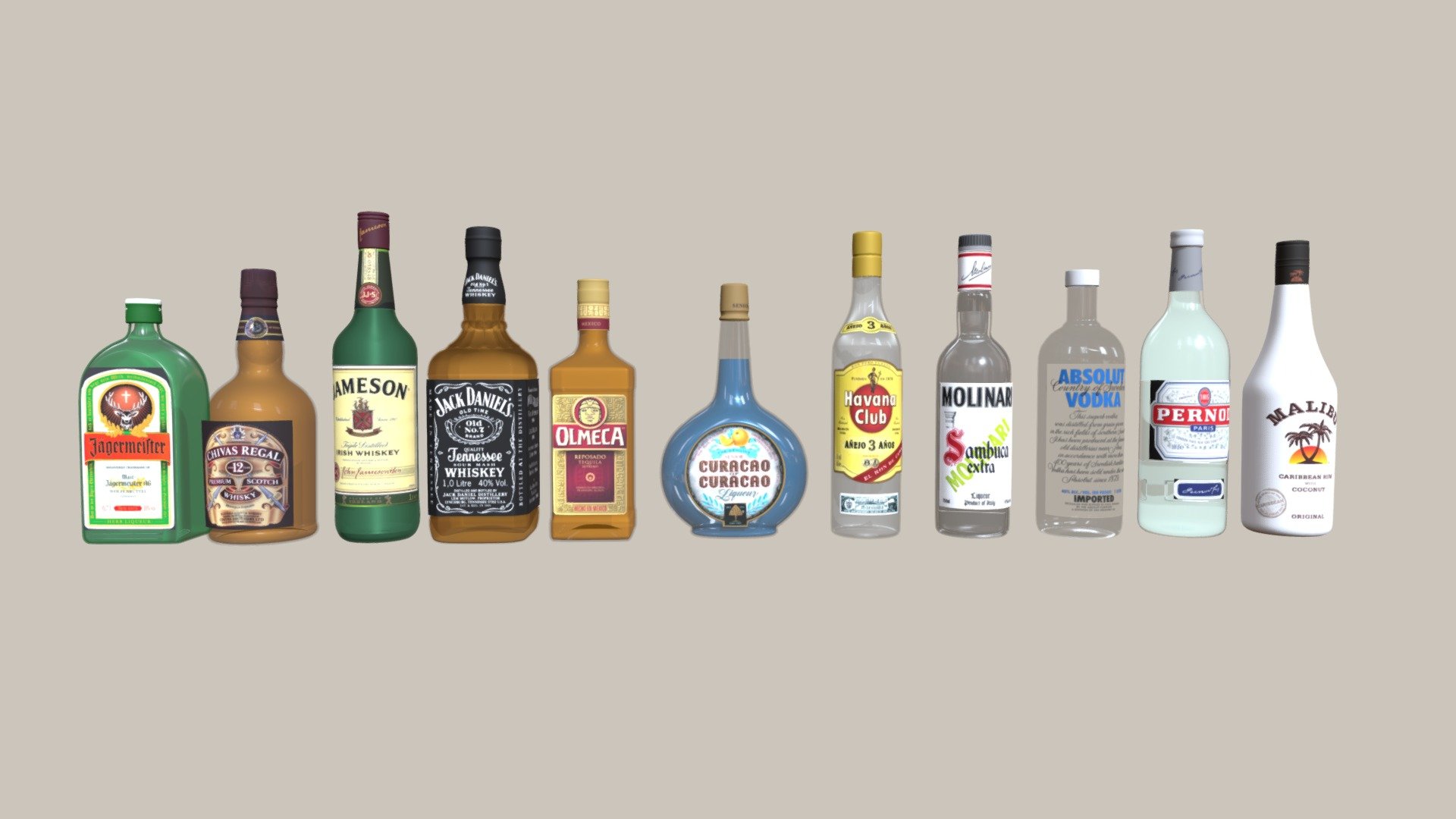 Pack Alcohol Bottles : Jagermeister / Chivas / Jameson / Jack Daniel's / Olmeca / Curacao / Havana club / Molinary / Absolute Vodka / Pernod / Malibu

Download features:

FBX, file format

Optimized UV layout

Textures (shown here - included in download)

Textures in JPG

Download size : 18 MB

Mesh properties :

Optimised poly count

Topology model is OK

Scale is OK - Pack Alcohol Bottle - Buy Royalty Free 3D model by shenronstudio 3d model