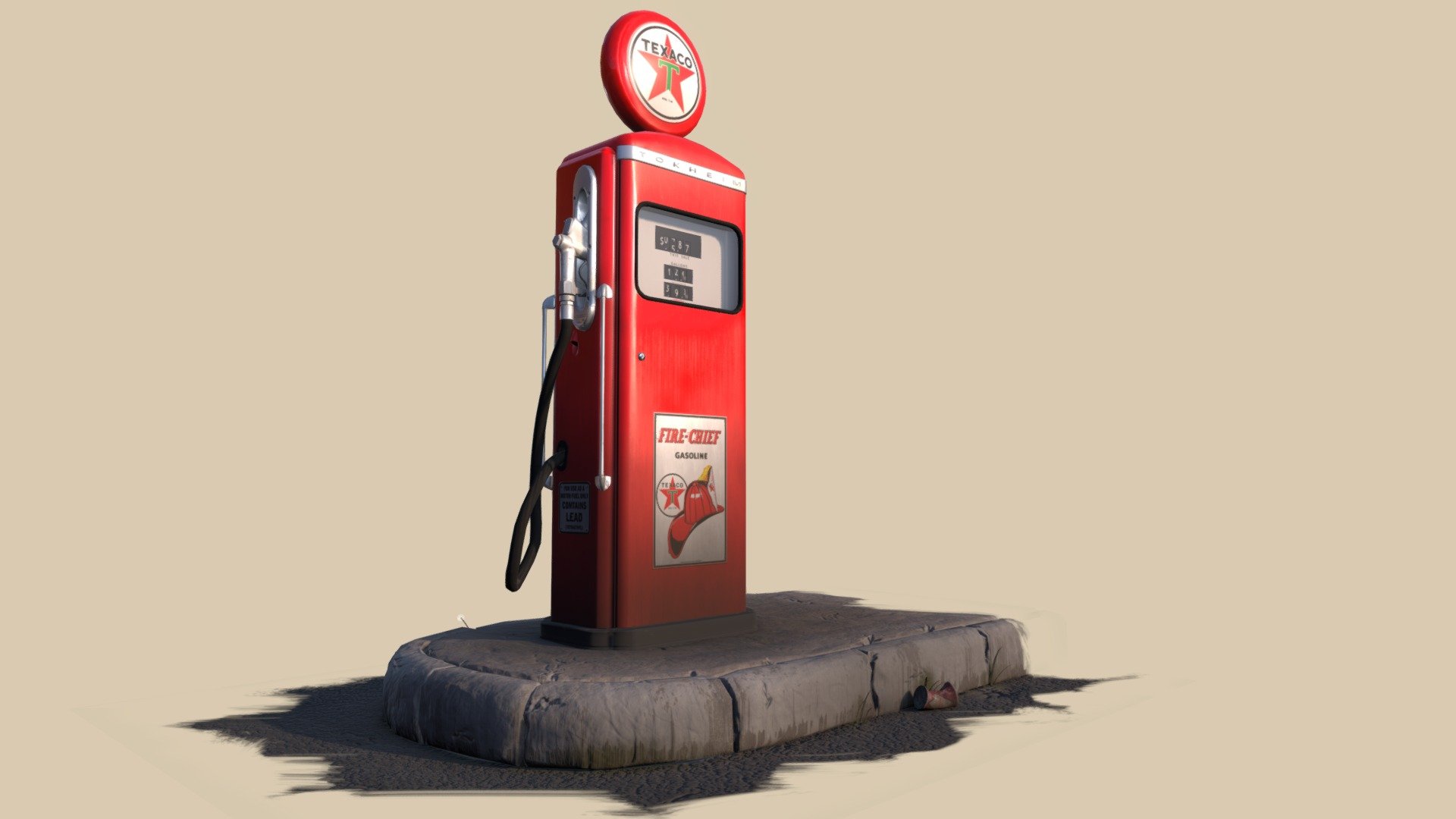 A 60' Texaco Gas Station (clean Version -&gt; https://sketchfab.com/models/8274670b568c40afa770f4bc9fce7d0c)

The Numbers can be changed with a shader using Vertex color.

Scenery inspired By Simon Loyer artwork (https://www.artstation.com/artwork/DyGy9)

Software used:
Maya, Substance Painter, Zbrush, 3DCoat, Xnormal 3d model