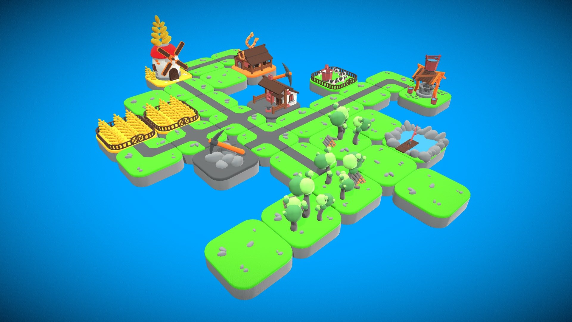 Low poly stylized farm game environment and level design pack.

Good for hyper-hybrid-casual games. Modeled in Blender.

Total 13 Models:

3 Buildings:

-blacksmith

-horse farm

-mill

6 Resource Model:

-tree (wood)

-plantation(grain)

-lake(fish)

-cow barn(milk)

-well(water)

-mine(iron)

**3 Types of Paths **

1 Grass-Empty - Farm Game Level Design Pack - 3D model by kkemalsayli 3d model