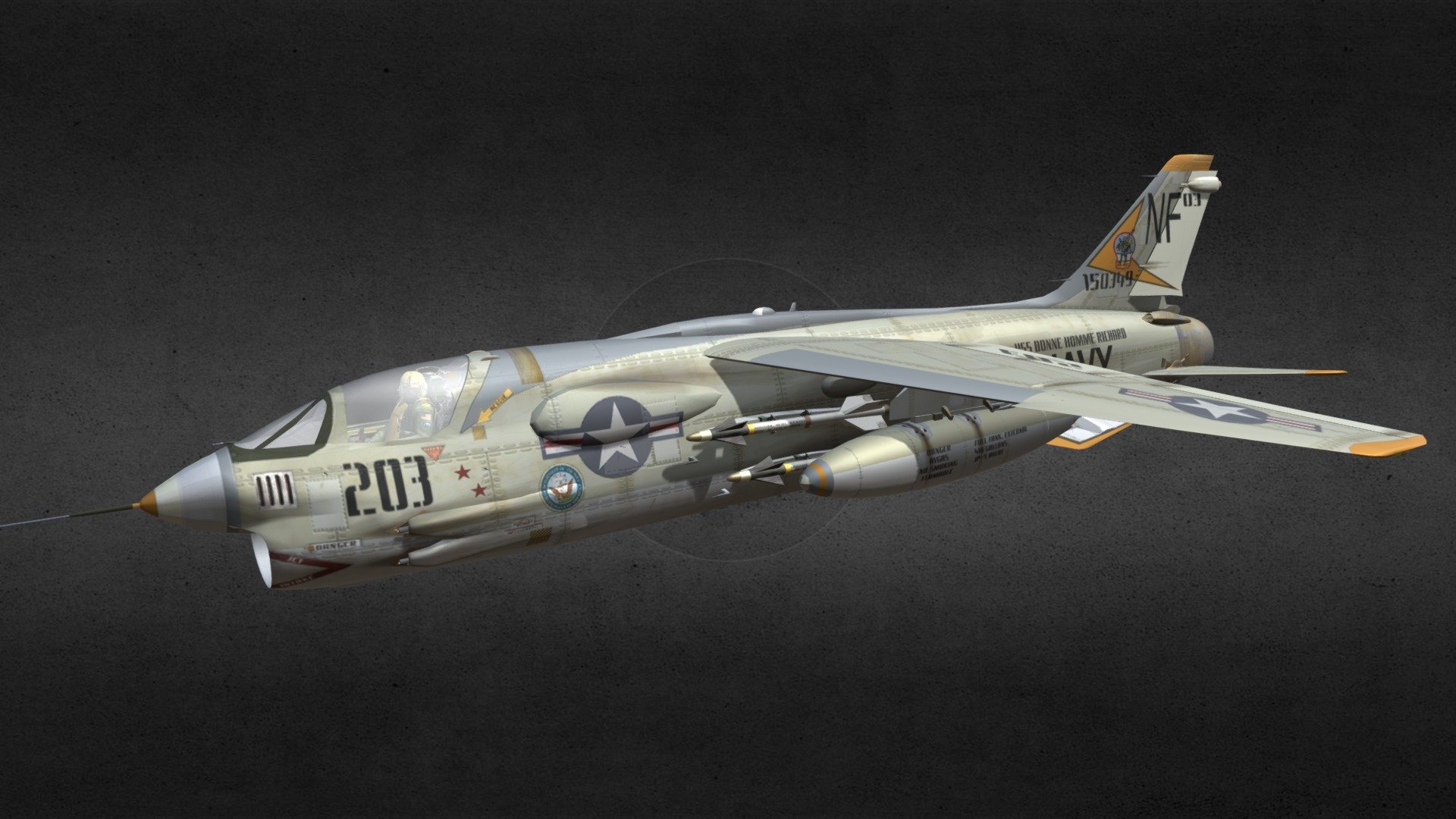 The Vought F-8 Crusader (originally F8U) was a single-engine, supersonic, carrier-based air superiority jet aircraft built by Vought for the United States Navy and Marine Corps, replacing the Vought F7U Cutlass, and for the French Navy.

Product Features:




Includes the aircraft, pilot, Aim-9 Sidewinders, and wing-mounted drop tanks.

The aircraft includes tons of groups, which your software should read as separate parts, including:

Canopy, rudder, flaps, elevator, ailerons, drag chute, landing gear and doors, nose cone, cockpit controls, speed brake, and more.

The model is UV mapped and texture/ bump maps, at 3500x1800 pixels, are included.

Original model by, and acquired from Chris Schell, and now owned by VanishingPoint 3d model