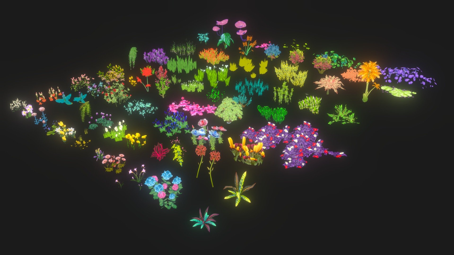 A package of low polygonal plants.
The package contains 71 objects.
Objects are optimized as much as possible. The total polygon is 26918 triangles. 


Triangles: 44 to 1528
Vertexs: 48 to 1909
Only Textures Diffus duplicated in resolution 1024 and 512.
Format textures of PNG.
Files include: 3Dsmax, 3Ds, Obj, Fbx and folder with textures.
Ready import to game project (Unity, Unreal)


Enjoy and great works for you! - Low poly Cartoon Flower Collection 01-Game Ready - 3D model by josluat91 3d model