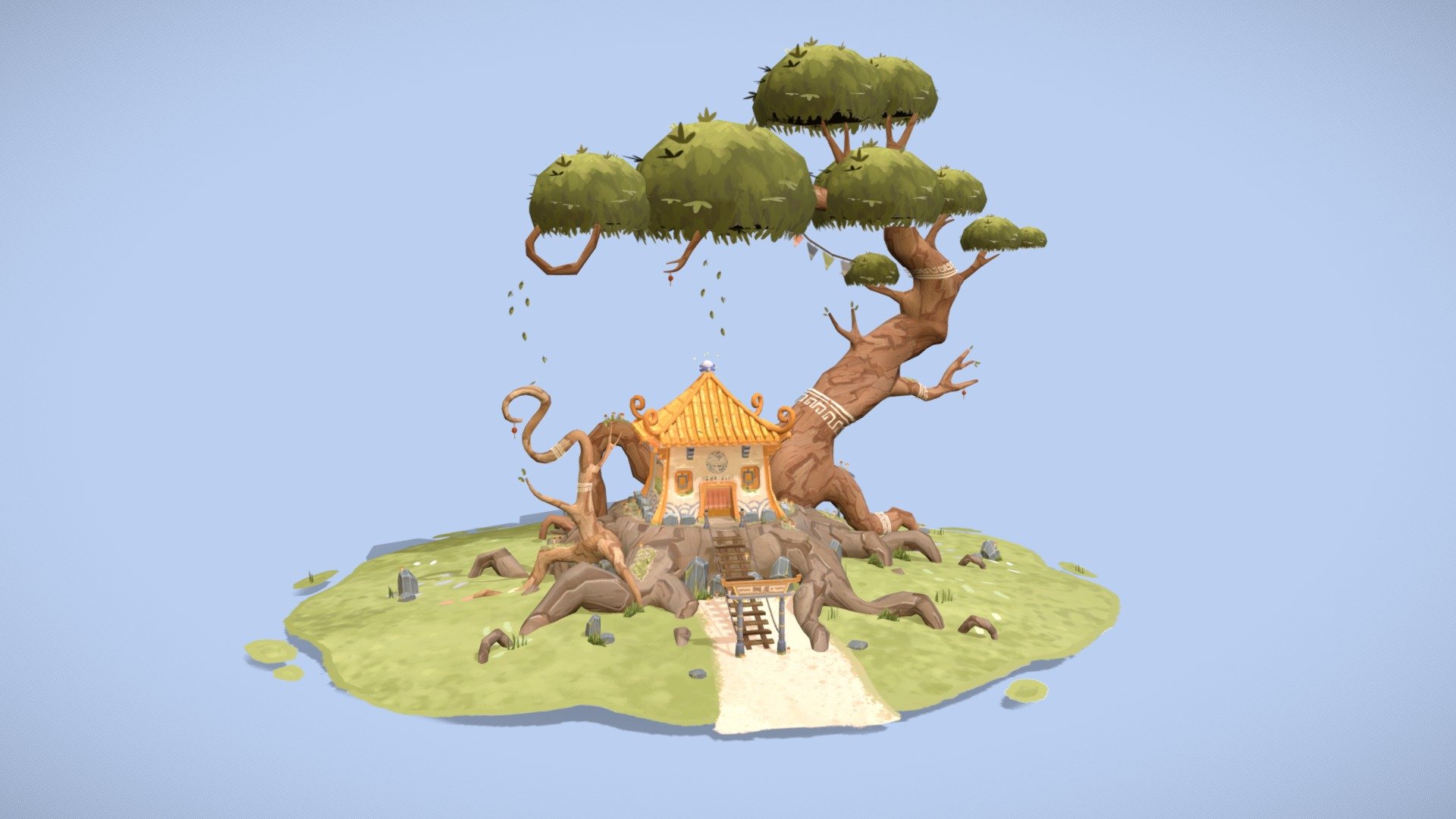 Project made at my school Isart Digital from September to October 2022. It is a Chinese-style treehouse in which lives a secluded witch who uses mushrooms to create eerie potions.

Modeling in Maya, Texturing in Photoshop and Integrated in Unity 3d model
