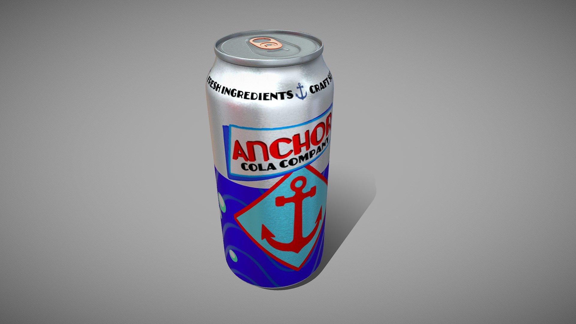 An aluminum soda can modeled in blender.  Texturing was done in substance painter, with the fictitous company label was designed in photoshop 3d model