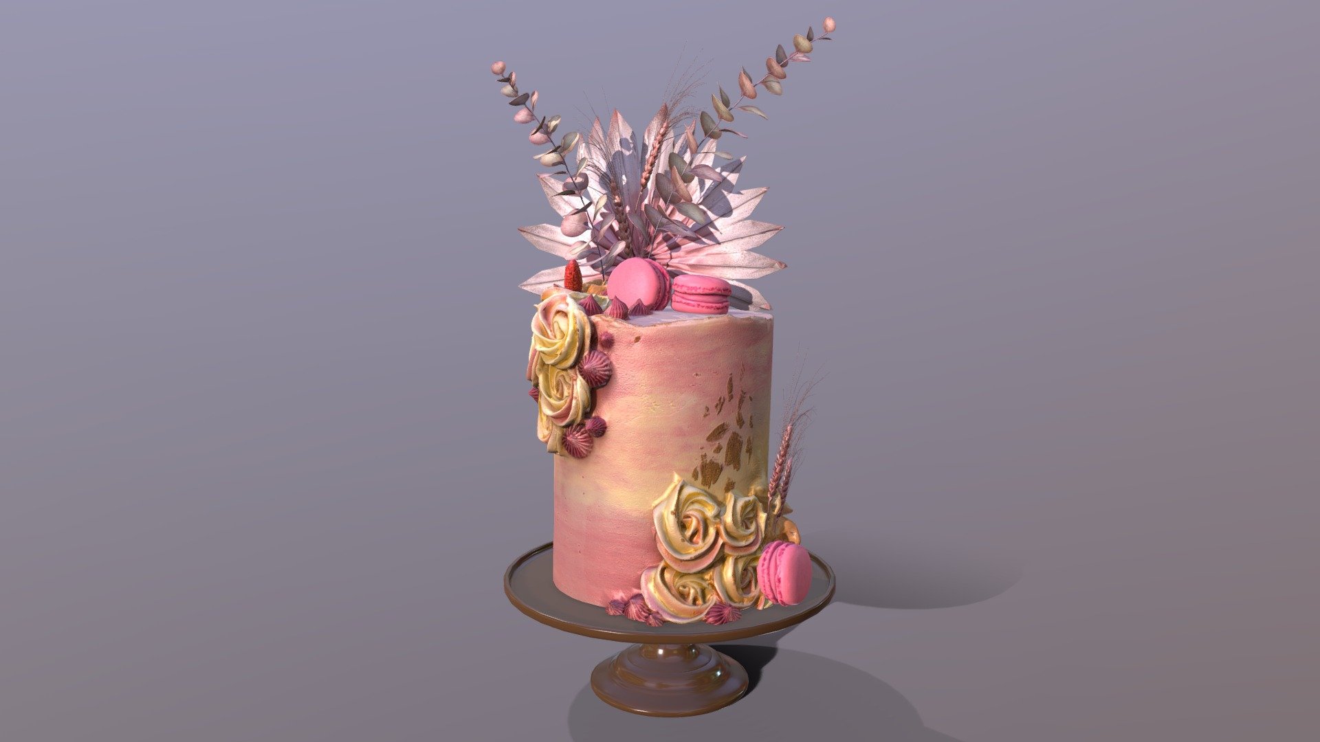 3D scan of a Luxury Golden Pink Buttercream Cake on the elegant mosser stand which is made by CAKESBURG Online Premium Cake Shop in UK. 

This 3D cake can be personalised with any text and colour you want. Please contact us.

You can also order real cake from this link: https://cakesburg.co.uk/products/luxury-buttercream-cake-06?_pos=1&amp;_sid=685b5456e&amp;_ss=r

Cake Textures - 4096*4096px PBR photoscan-based materials (Base Color, Normal, Roughness, Specular, AO)

Macarone textures - 4096*4096px PBR photoscan-based materials (Base Color, Normal, Roughness, Specular, AO)

Palm, Eucalyptus and Wheat Textures - 4096*4096px PBR photoscan-based materials (Base Color, Normal, Roughness, Specular, AO) - Luxury Golden Swirl Cake - Buy Royalty Free 3D model by Cakesburg Premium 3D Cake Shop (@Viscom_Cakesburg) 3d model