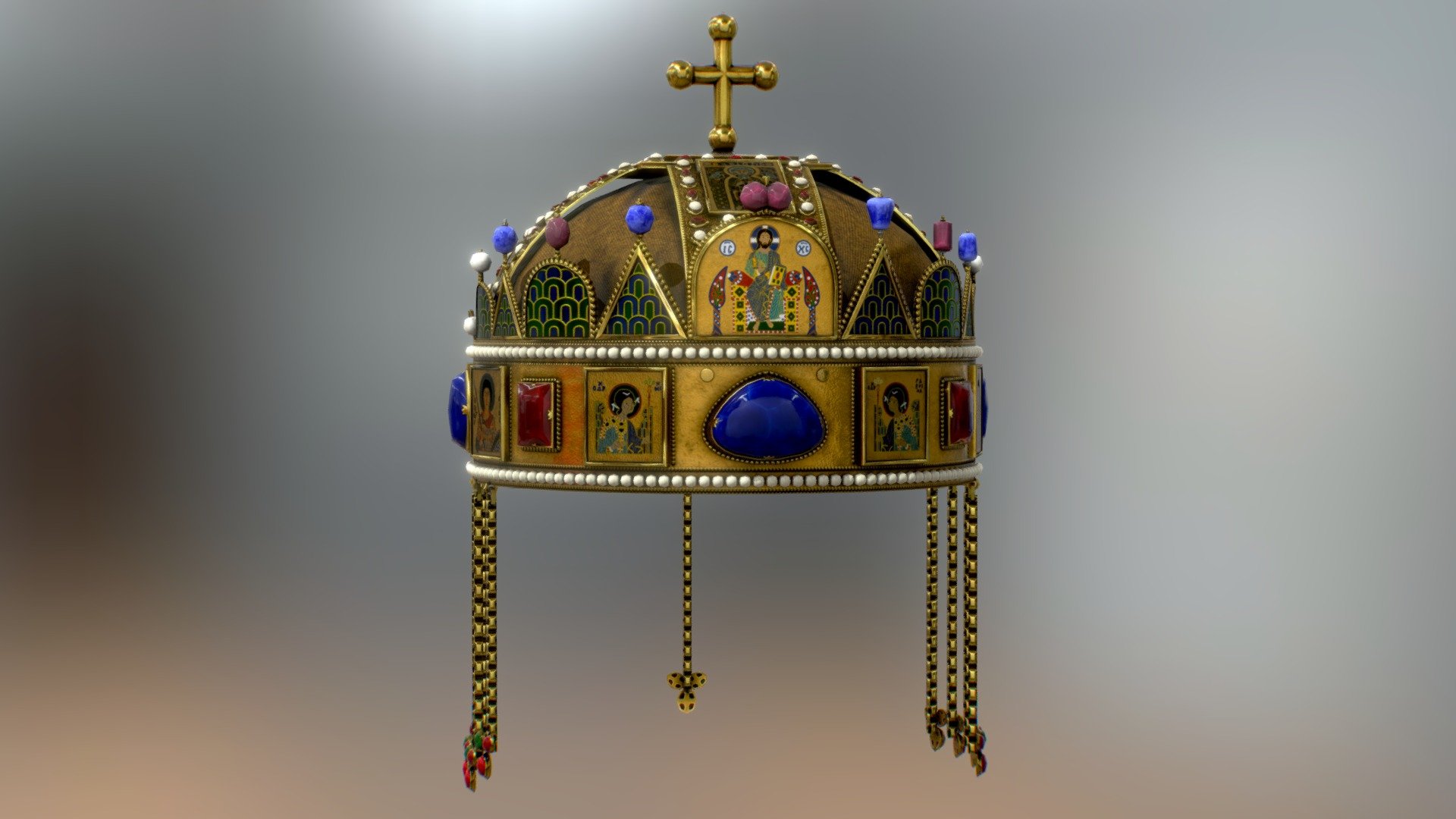 also known as the Crown of Saint Stephen, named in honour of Saint Stephen I of Hungary, was the coronation crown used by the Kingdom of Hungary for most of its existence; kings were crowned with it since the twelfth century. The Crown symbolized the King's authority over the Lands of the Hungarian Crown (the Carpathian Basin), and it was a key mark of legitimacy. Through the history of Hungary, more than fifty kings were crowned with it, with the last being Charles IV in 1916. The only kings not so crowned were Wladyslaw I, John Sigismund Zápolya, and Joseph II.

Source: https://en.wikipedia.org/wiki/Holy_Crown_of_Hungary - Holy Crown of Hungary - Buy Royalty Free 3D model by Davicolt 3d model