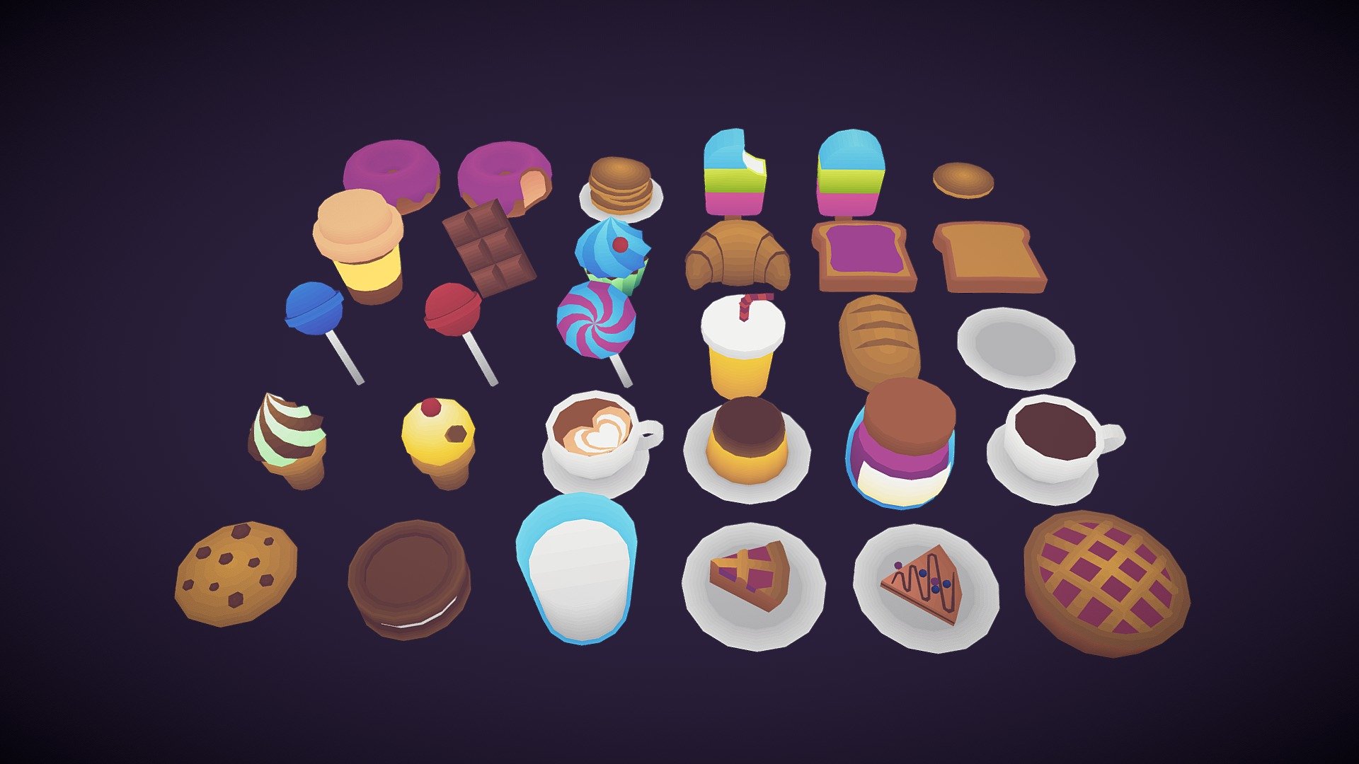 The pack contains cute low poly drinks and desserts ready to use as game assets!
There is a single texture (64x64) for all the models.

Includes: .blend, .FBX, .OBJ + .mtl, 64x64 PNG texture - Low Poly Desserts - Buy Royalty Free 3D model by Lod (@LodRevolab) 3d model