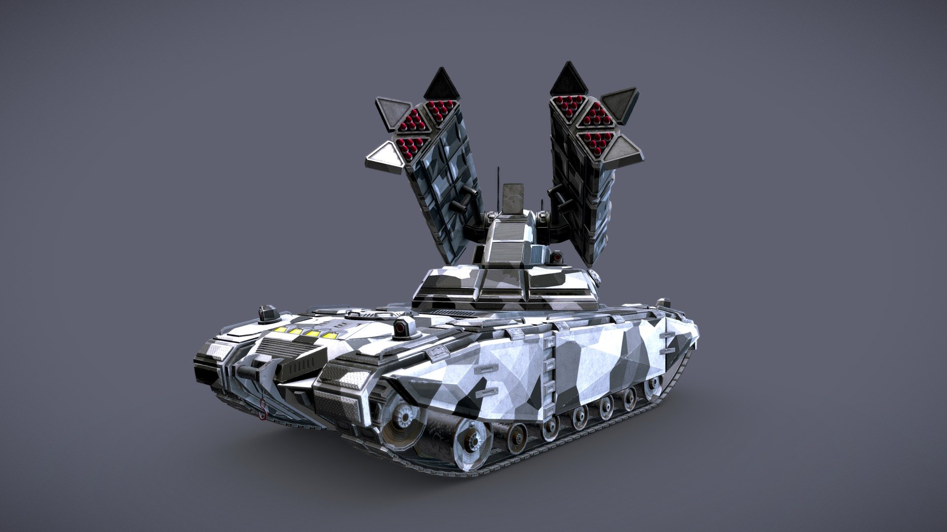 Sci-Fi Missile launcher Tank




Low poly count for video game use.

All Textures created in Substance Painter and exported in .PNG PBR formats.

Includes textures for rough/met and gloss/spec workflows.

Logically named objects, materials and textures.

Modelled in Blender 2.90.1

Textured in Substance Painter 2020.2.1.

Rendered in Marmoset Toolbag 3.

modelled to real world scales (Metric).

Fully and efficiently UV unwrapped.

Game ready.

Tested in Marmoset Viewer, Marmoset Toolbag, EEVEE and Cycles.

Partially rigged in Blend format for posing as seen in preview.

Formats included




.Blend (Native, with partial rigging)

.FBX

.OBJ

Objects included




Top (Collection)

Missiles


Top




Bottom (Collection)




Base




Tracks (Collection)



Runners


Tracks




Bone Shapes (Collection)




Armature



Poly Counts combined




Face count:       41,566

Vert count:       43,663

Edges:        83,473

Triangulated count:   80,460
 - Sci-Fi Missile launcher Tank - Buy Royalty Free 3D model by PBR3D 3d model