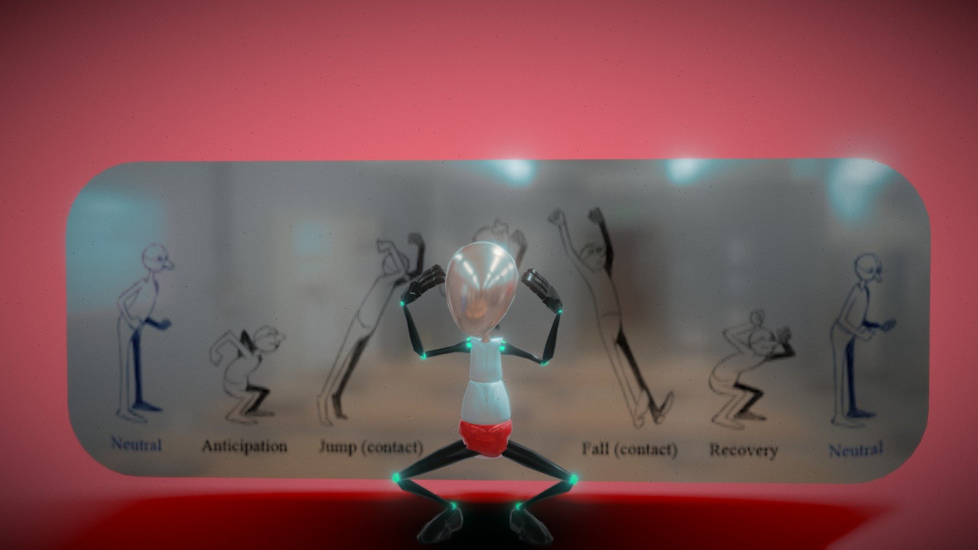 BOOK NAME: The Animator's Survival Kit.
Anticipation is the preparation for an action such as a jump or a punch. For example, a character will squat down before pushing his body and legs up into a jump. The stronger the anticipation motion, the more cartoony and fluid the animation will be. The smaller the anticipation, the more stiff the animation will be 3d model