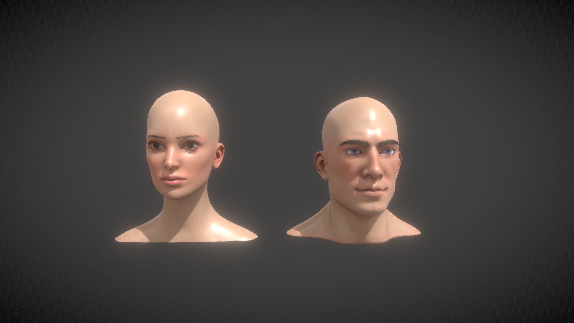 Realistic Male and Female Head 3D Model Animated with Facial Expressions consists of:  




Realistic Male Head 3D Model Animated Facial Expressions

Realistic Female Head 3D Model Animated Facial Expressions

Technical details:  




File formats included: FBX, OBJ, ABC, DAE, GLB, PLY, STL, BLEND, UnityPackage

Render engine: Eevee

Polygons (male head): 70,947 (head) | 1,024 (eyes) | 2,272 (eyebrows) | 956 (eyelashes)

Vertices (male head): 71,165 (head) | 964 (eyes) | 5,112 (eyebrows) | 2,216 (eyelashes)

Polygons (female head): 55,102 (head) | 16,384 (eyes) | 2,320 (eyebrows) | 1,042 (eyelashes)

Vertices (female head): 55,639 (head) | 16,132 (eyes) | 5,220 (eyebrows) | 2,416 (eyelashes)

Models are rigged and animated.

10 animations are included: turn left, turn right, turn up, turn down, look left, look right, look up, look down, speak, blink. All animations are full cycles.

More details in the 1st comment below 3d model