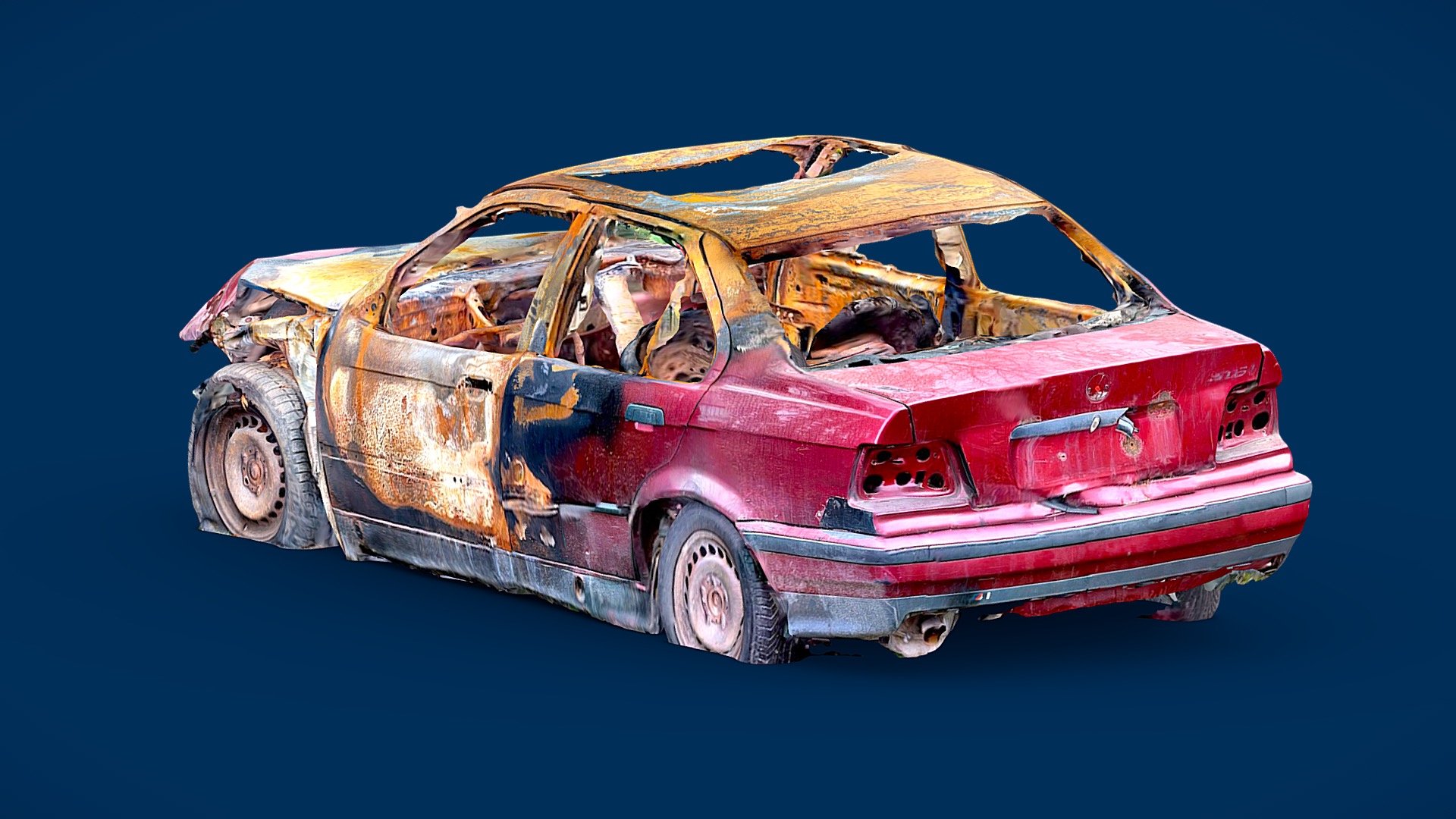 Totally wrecked and burnt car. 
Quick scan made with Scaniverse, I might use it as a reference for a future painting 3d model