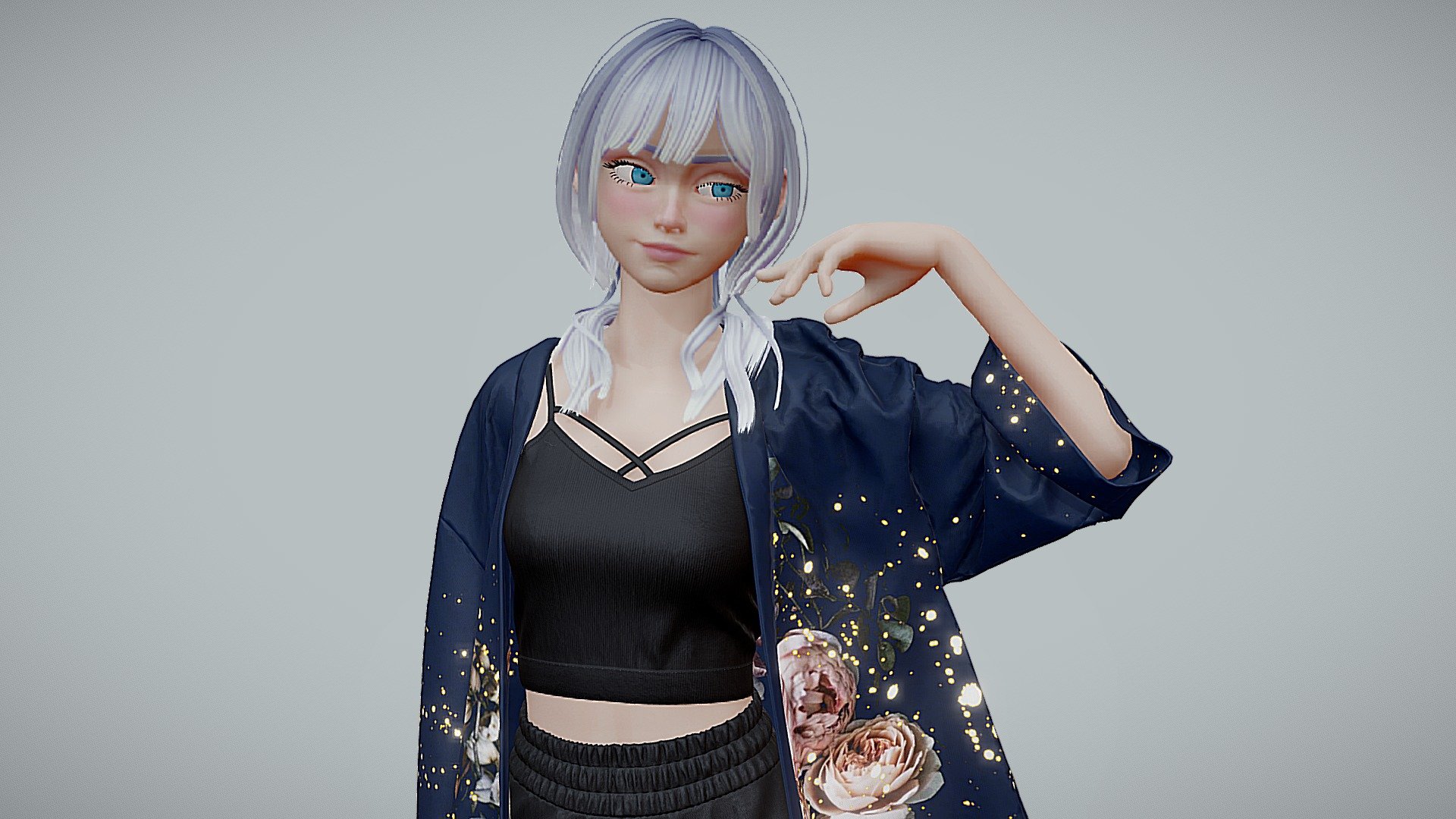 A girl sculpted in Blender with a kimono inspired garment created using Marvelous Designer.
 - The girl in kimono jacket - 3D model by Akiko.Tomiyoshi 3d model