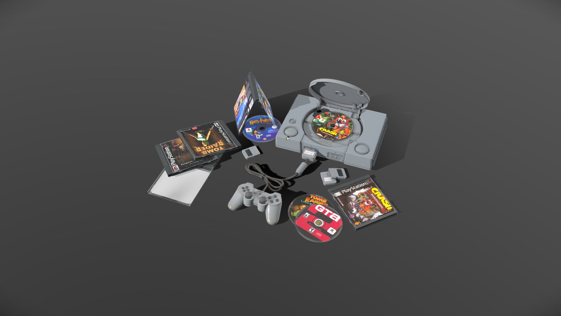 Playstation 1, Controller, CD boxes, Memory card, wire.






Console:           Vertices 14311  Triangles 13980





CD box:             Vertices 783      Triangles 882





Memory Card:  Vertices 340      Triangles 308





Wire:                 Vertices 2052    Triangles 2856




PBR Material: Base_Color, Metallic, Mixed_AO, Normal map, Opacity, Roughness;

Texture res: 4096x4096;
 - Playstation 1 and Controller DualShock 1 - 3D model by krittsky 3d model