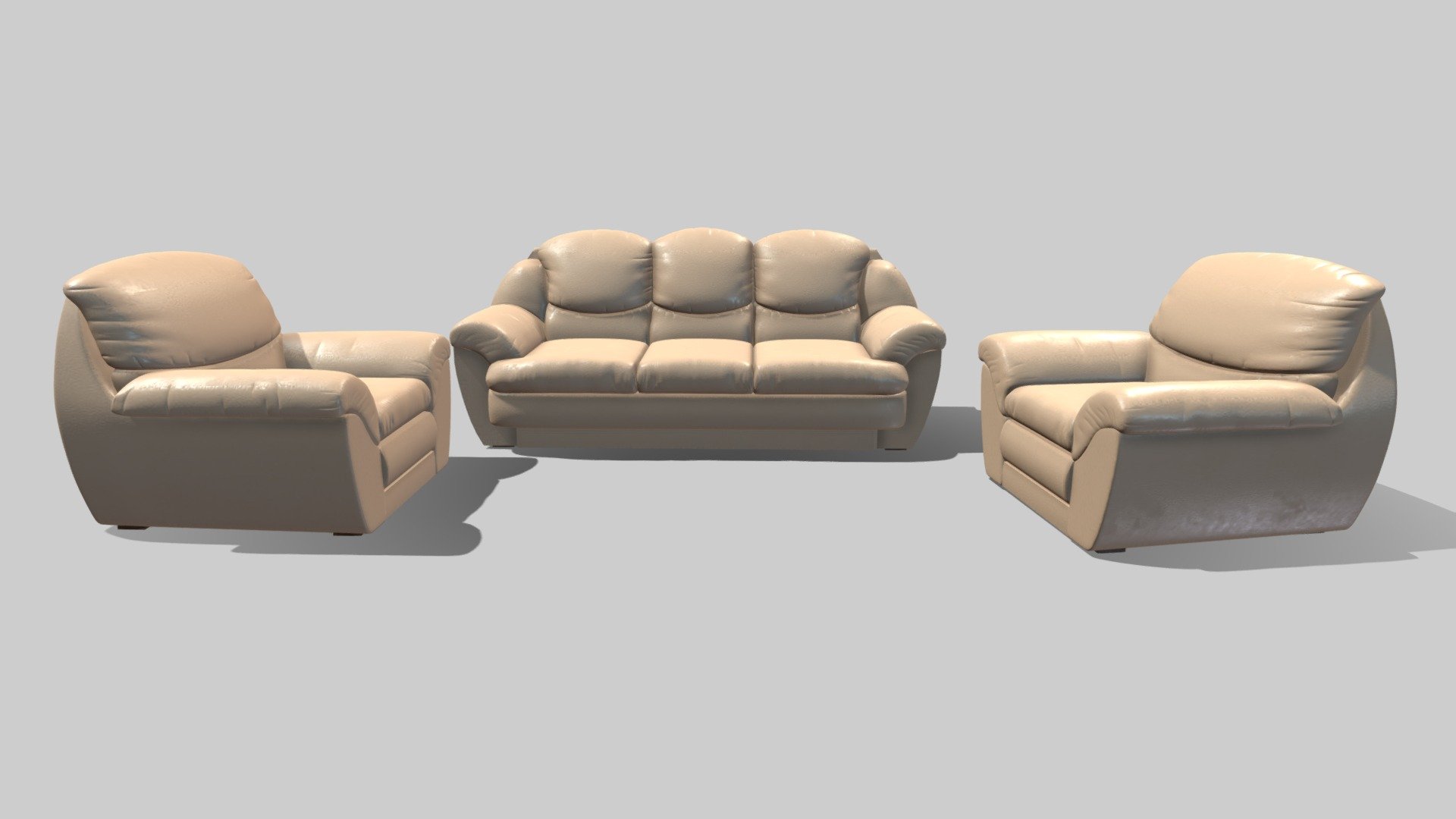 This hi-poly 3D model of sofa and two armchairs. This nice combination of furniture will decorate your interior design and create warm atmospere. It's needed to notice a high quality of these models, that made in modern style 3d model