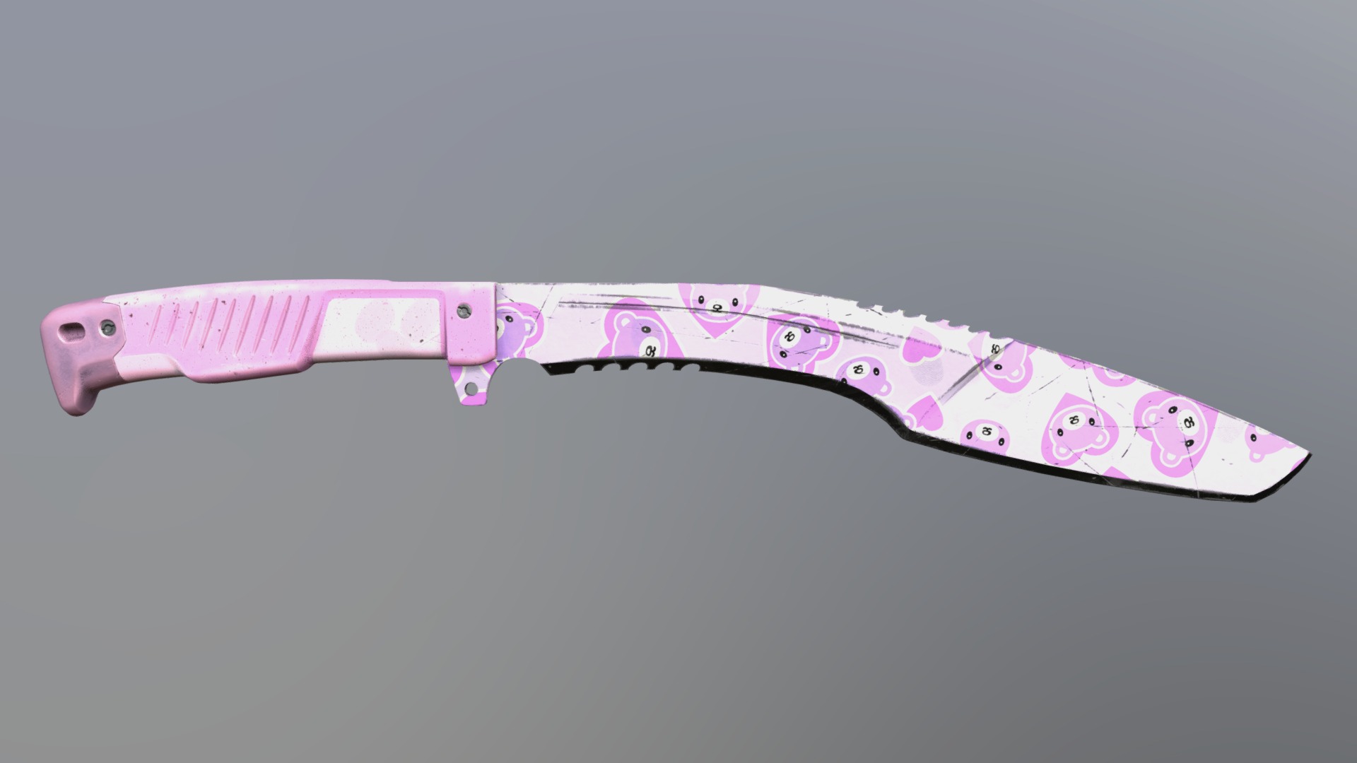 A Kukri knife that I made with the help of a tutorial. The low poly and high poly models were done in 3Ds Max, and the texturing was done in Substance Painter.

This particular texture was inspired by Hello Kitty and various Pink weapon skins.

Texture Reference Image(s):


AKA: Khukuri, Khukri, Kukri, Kukkri, Nepalese knife, etc:

Model Statistics:

[Low Poly]

Polys: 1,414

Verts: 1,572

Triangles: 3,144

[High Poly]

Polys: 668,672

Verts: 669,842

Triangles: 1,337,344 - Kukri Knife - Hello Teddy Reskin - 3D model by Omnipotent 3d model
