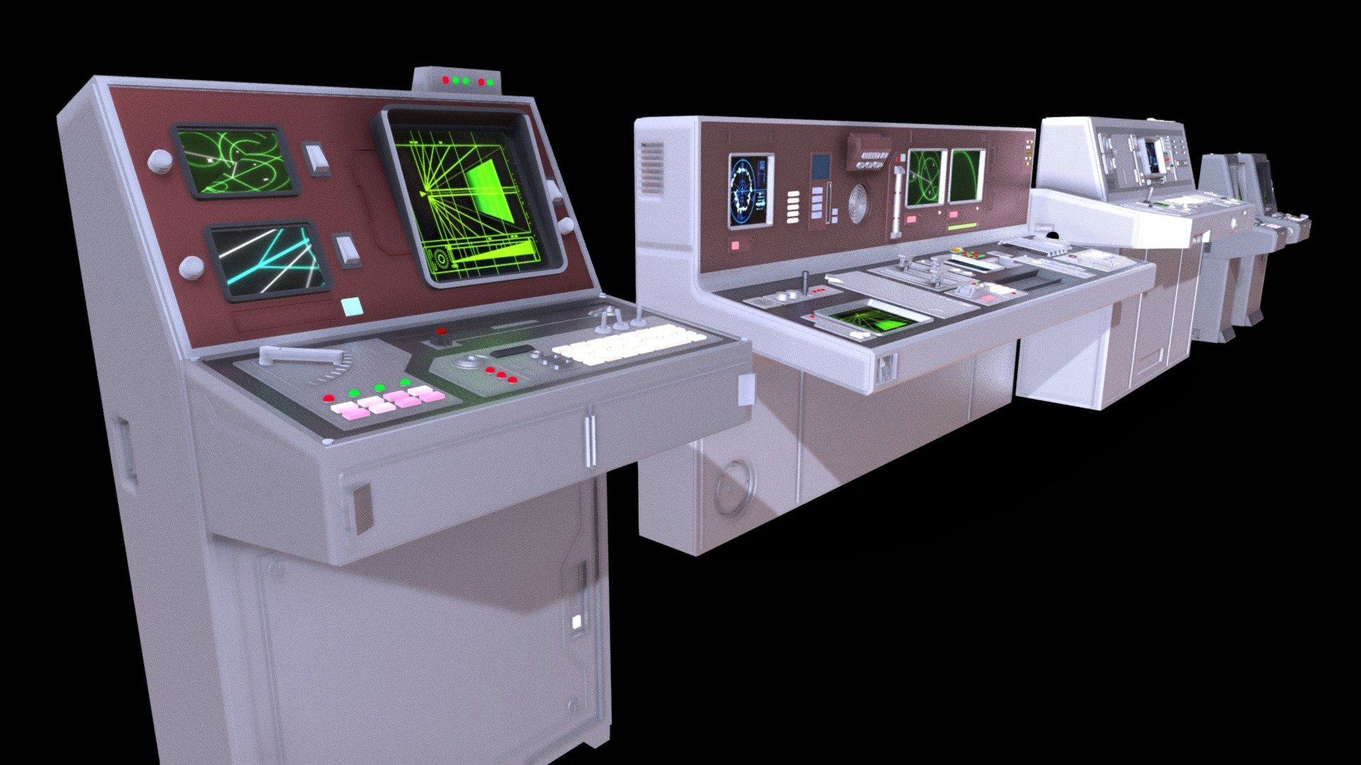 Hi,

This is a kit of 5 sci-fi retro computer stations, with materials, inspired from Star Wars, Alien and Blade Runner

The Blend files contains the models with example materials and textures apply to buttons, screens and surfaces, already setup. You can easily change and apply the materials you want on the models.

Attached a .zip file with separated .blend, fbx, skp format for each models

For the 5 models in total : 
Verticles : 64,083 
Faces : 107,840 

Feel free to contact me for any question or assistance :)

Enjoy ! - Retro Sci-Fi Computer Desks / Control Panels - Buy Royalty Free 3D model by thibaut.billerot 3d model