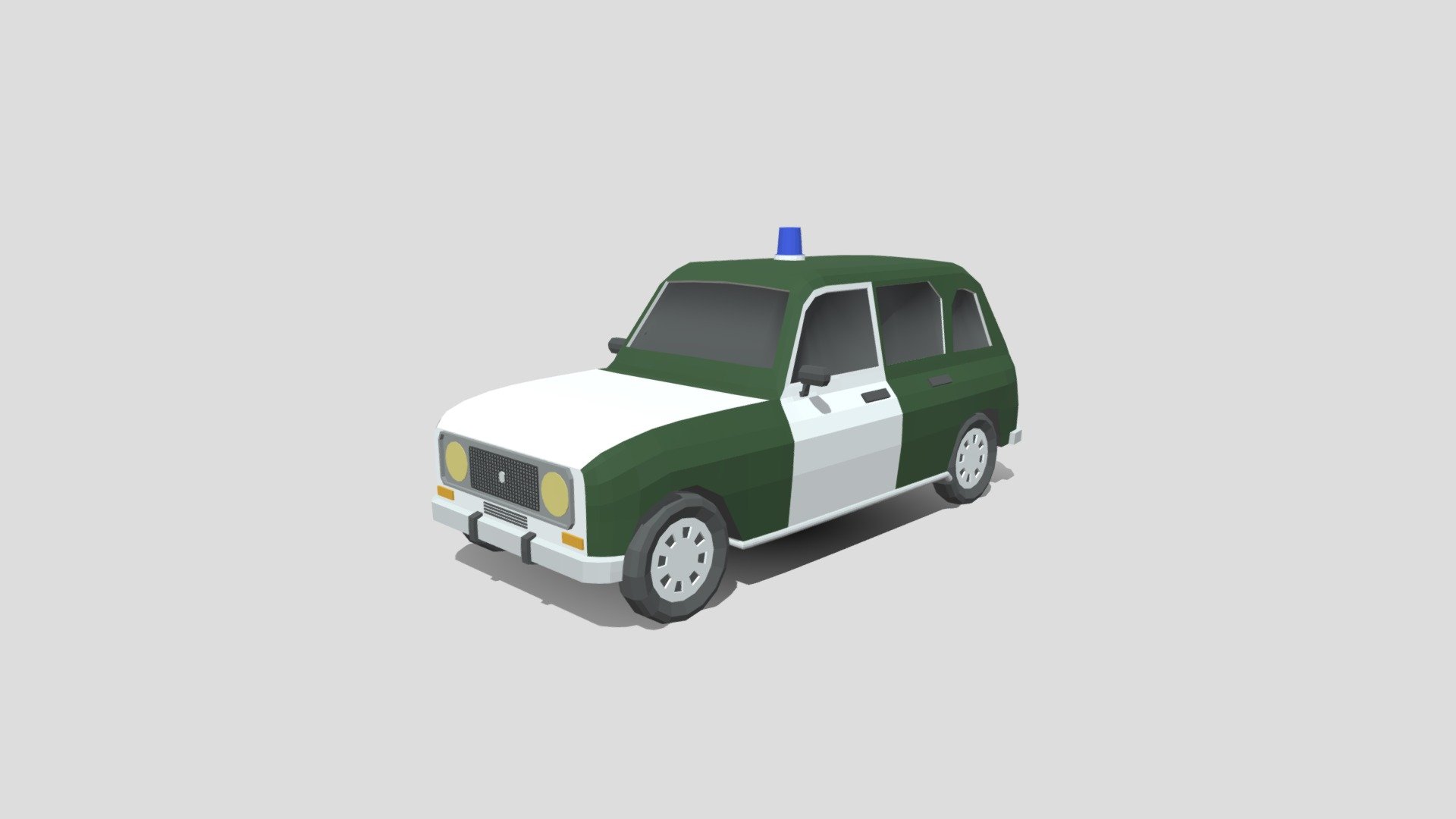 This is a low poly 3d model of a retro police car. The low poly car was modelled and prepared for low-poly style renderings, background, general CG visualization presented as a mesh with quads and few tris.

Verts : 5.415 Faces: 5.908

The model have simple materials with diffuse colors.

No ring, maps and no UVW mapping is available.

The original file was created in blender. You will receive a 3DS, OBJ, FBX, blend, DAE, Stl.

All preview images were rendered with Blender Cycles. Product is ready to render out-of-the-box. Please note that the lights, cameras, and background is only included in the .blend file. The model is clean and alone in the other provided files, centred at origin and has real-world scale 3d model