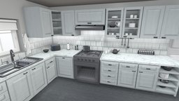 Kitchen food, toaster, sink, table, vr, stove, fridge, shelves, cupboard, plates, blender, pbr, chair, design, home, interior