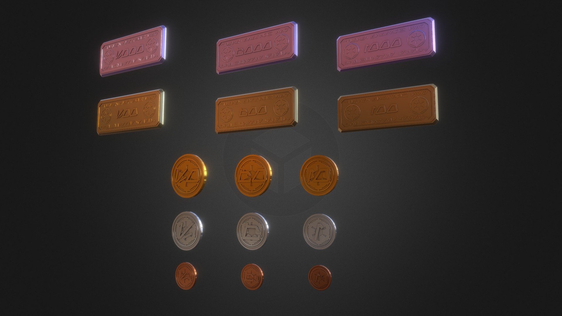 In a personnal story setting up in the Star Wars universe, a New Empire emerged and needed it's own currency. Here is the money I made for this new state with a powerful economy to back up militaries ambitions.

Materials from bottom to top : Copper, Silver, Gold, Platinum and Aurodium.

These are HIGH POLY assets, having textures anyway for showreels. A LOW POLY version exists too, having less than 1K vertexes for all pieces 3d model