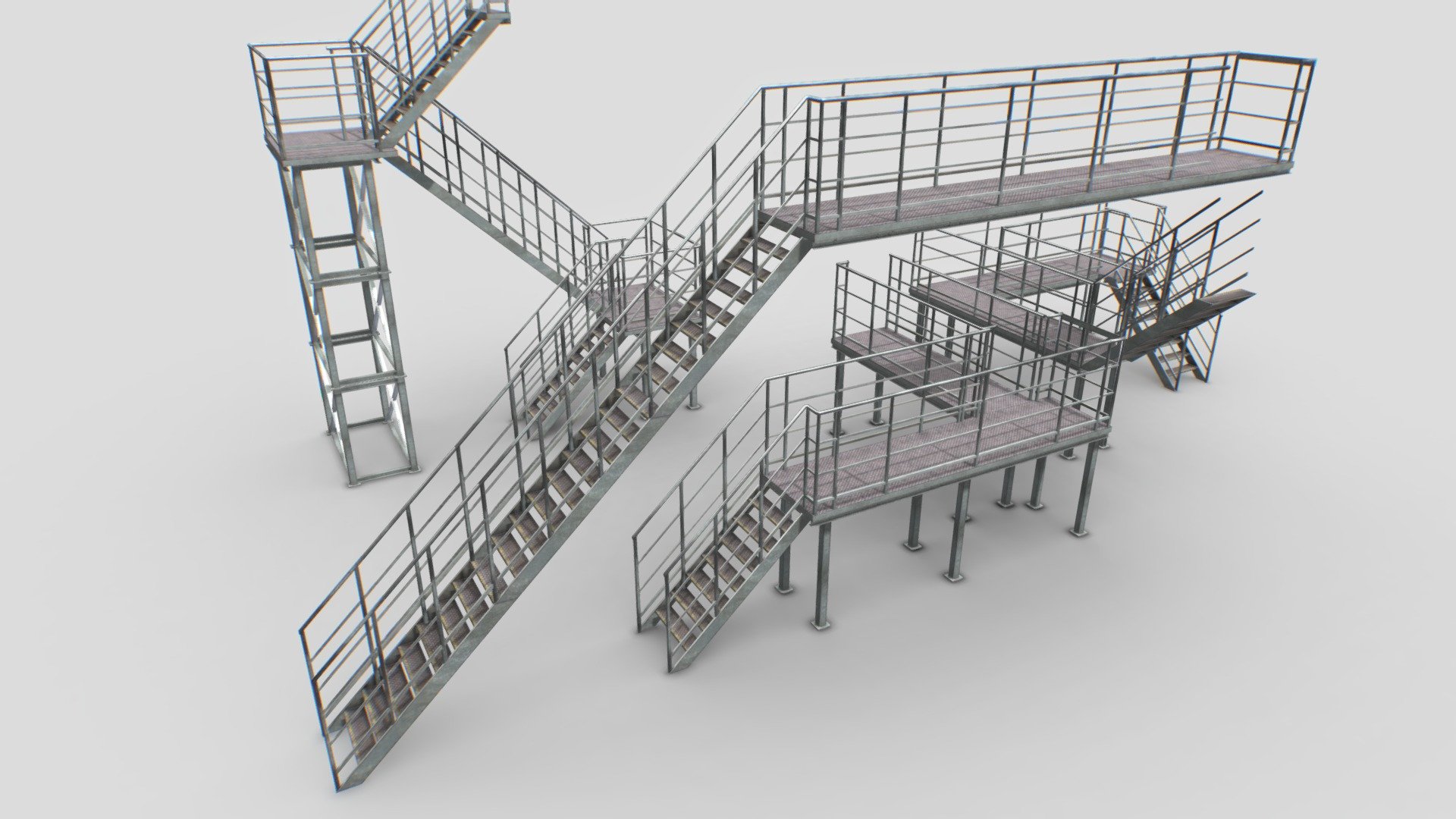 Realistic pack of industrial stairs. 26 pieces to make any kind of stairs. Realistic scale.

Comes with PBR 4096pix textures including Albedo, Normal, Roughness, Metalness, AO.

Suitable for factories, hangars, warehouses, etc..

Total number of verts: 5400 polys: 4600 - Industrial Stairs Modular - Buy Royalty Free 3D model by 32cm 3d model