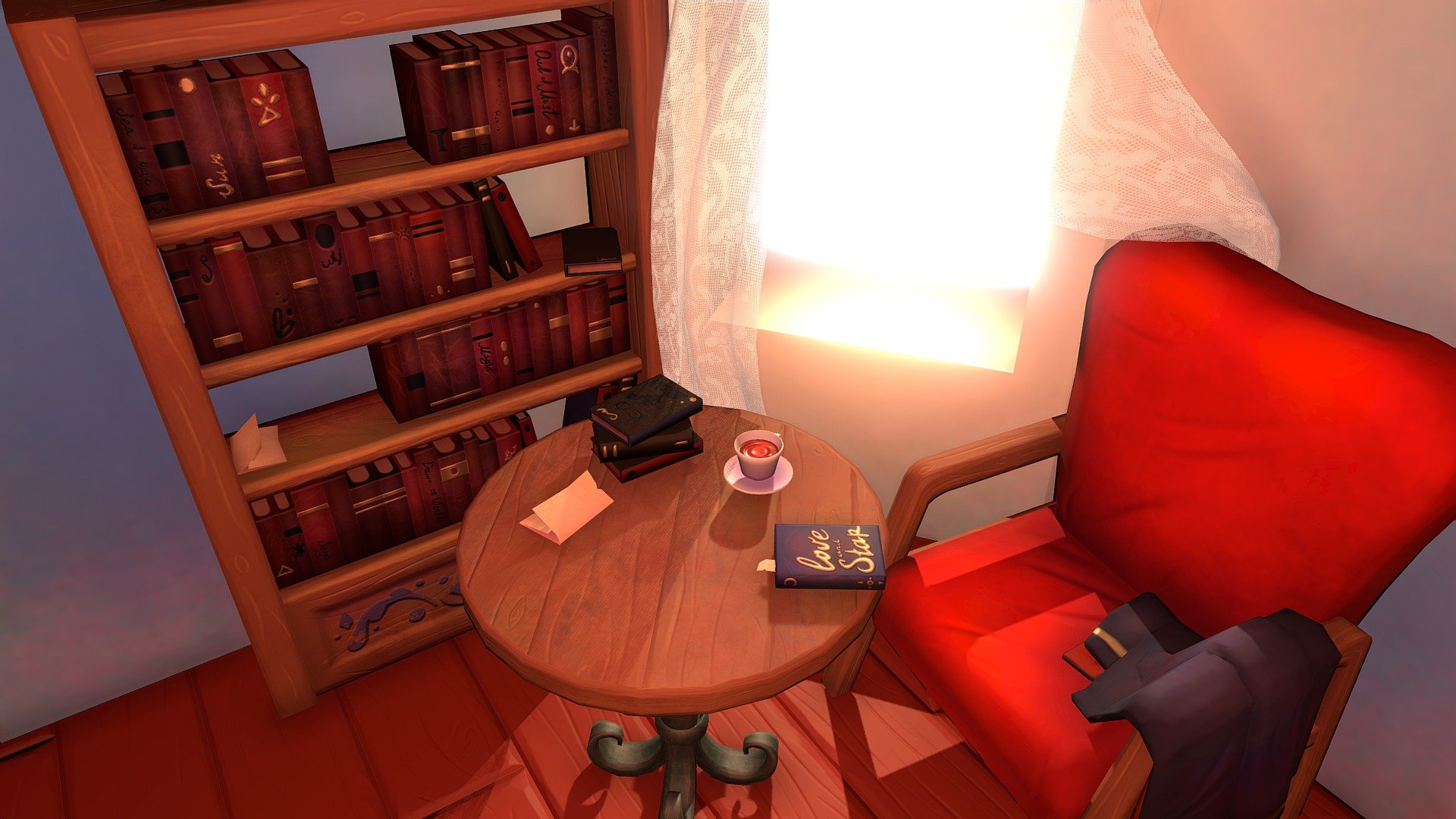 A place to get away from day-to-day worries. At least for a little while. Everybody needs one.

Practicing trim sheets baking. And baking from one UV map to another. And baking in general.
Things got weird, especially with book maps.
In the end the most difficult part is setting up lights for final scene -_- - Commander's library - 3D model by Billie (@billiestray) 3d model
