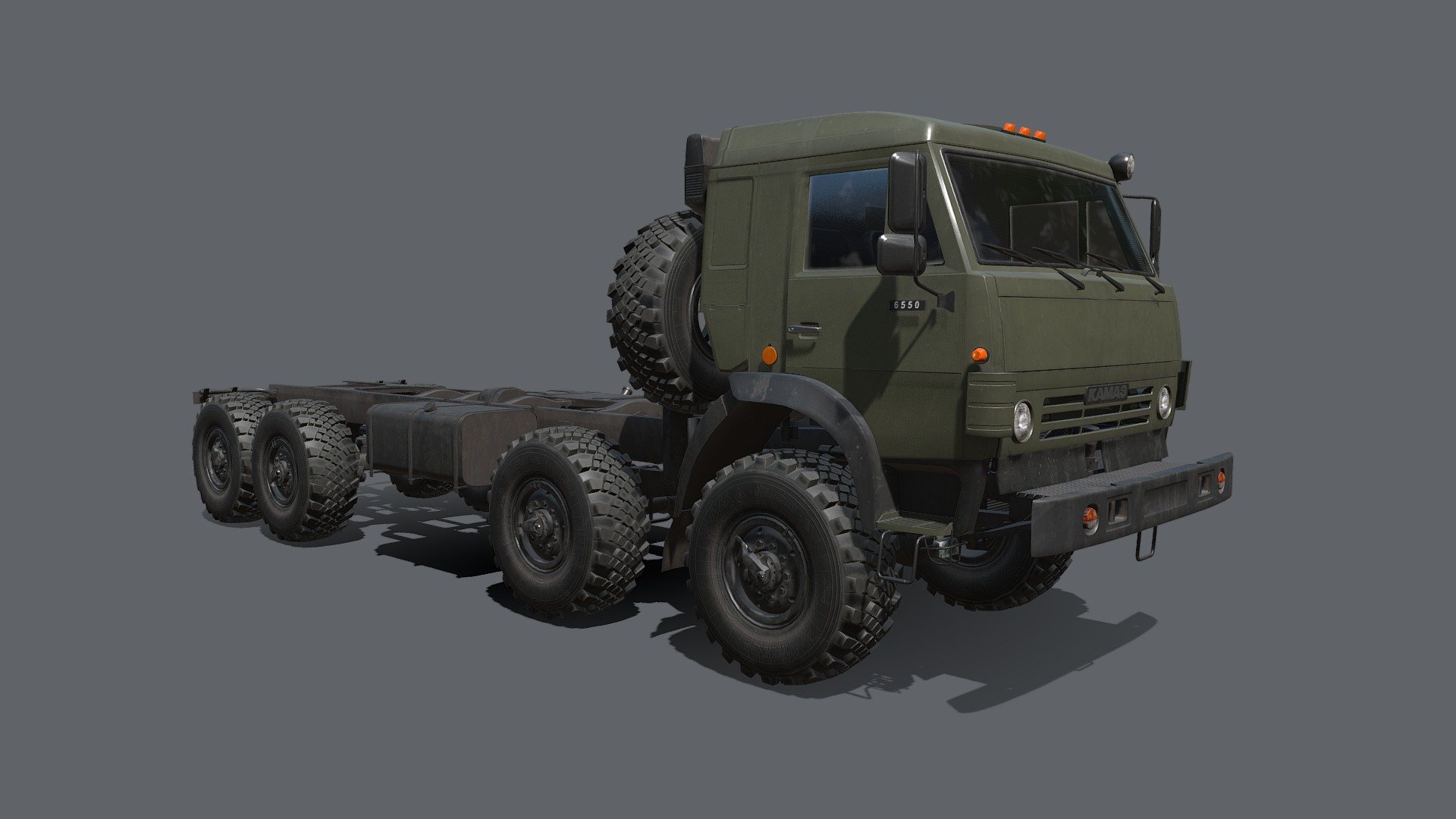 The KamAZ-6350 heavy utility truck is a member of Mustang family. This family of military trucks also includes smaller KamAZ-4350 (4x4) and KamAZ-5350. The 6350 model is one of the largest trucks in KamAZ range. Its development began in 1987. First prototypes were completed in the early 1990s, however this truck was officially accepted to service with the Russian Army only in 2002, as well as other trucks of the Mustang range. A low-rate production commenced in 2003.

The KamAZ-6305 is entirely conventional in design. It is a renewed version of the previous 8x8 heavy utility truck with increased payload capacity. This military truck has a payload capacity of 10. It can tow trailers or artillery pieces with a maximum weight of 12 000 kg - Kamaz-6350 Heavy utility truck - Buy Royalty Free 3D model by Tim Samedov (@citizensnip) 3d model