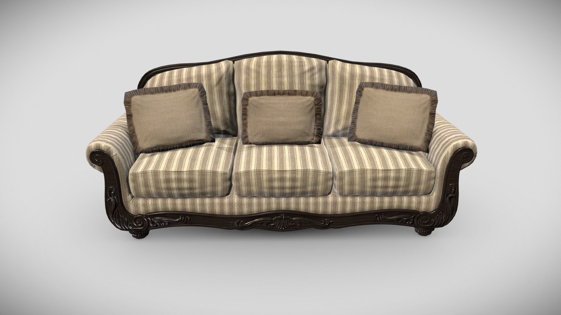 An antique-style sofa model with textures.

Color variations included in zip file.

Color, Normal, and Spec/Gloss.

Collada, FBX, and OBJ formats included 3d model