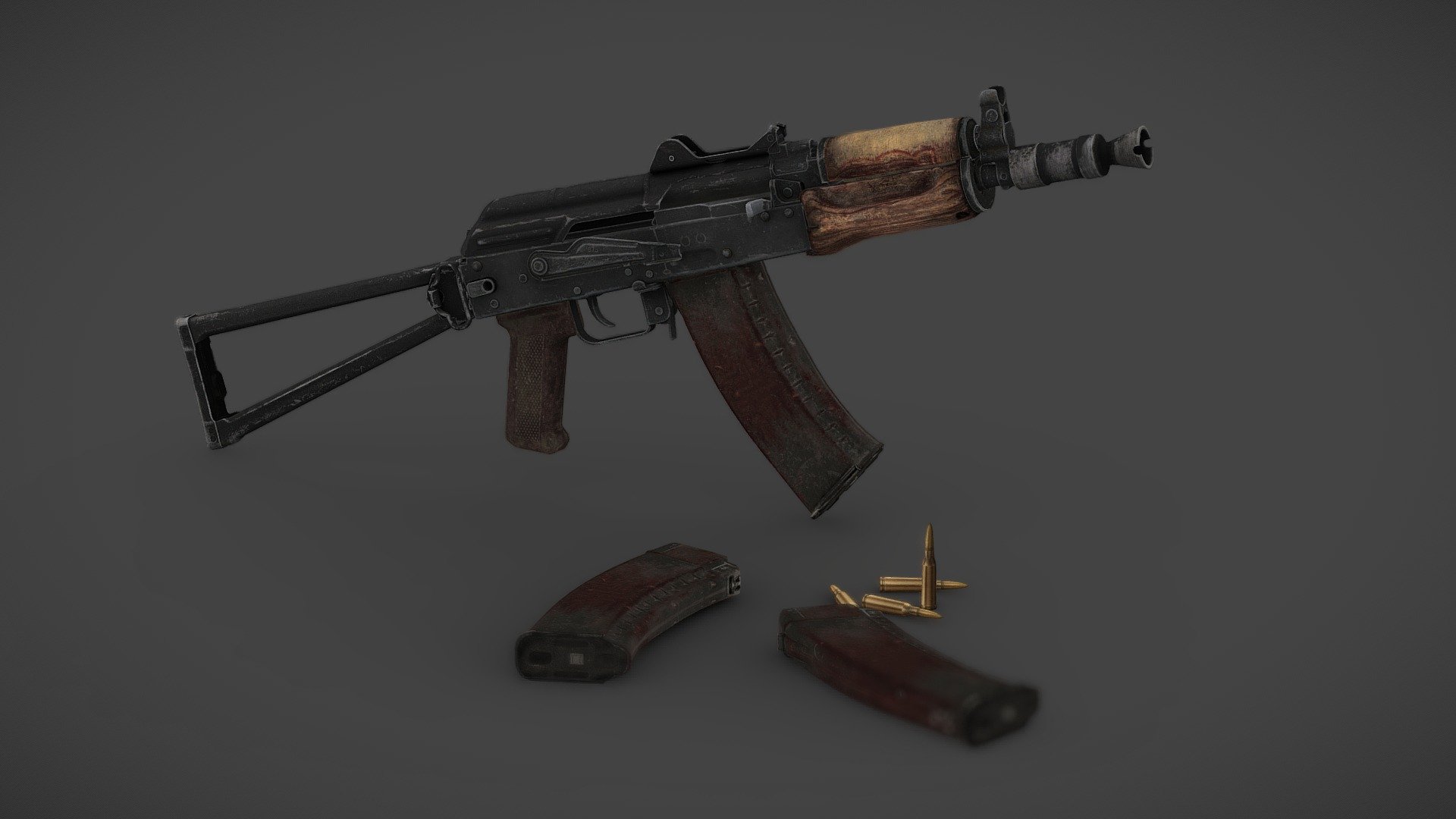 AKSU-74 rifle.

Originally modeled in 3ds Max 2016. Downloads include .dae, .fbx, .obj.
Texture format TGA.

The model is ready for animation. Movable objects include: charging handle, fire switch, bolt delay, magazine, and trigger.

The scale is close to real size (in centimeters) 3d model
