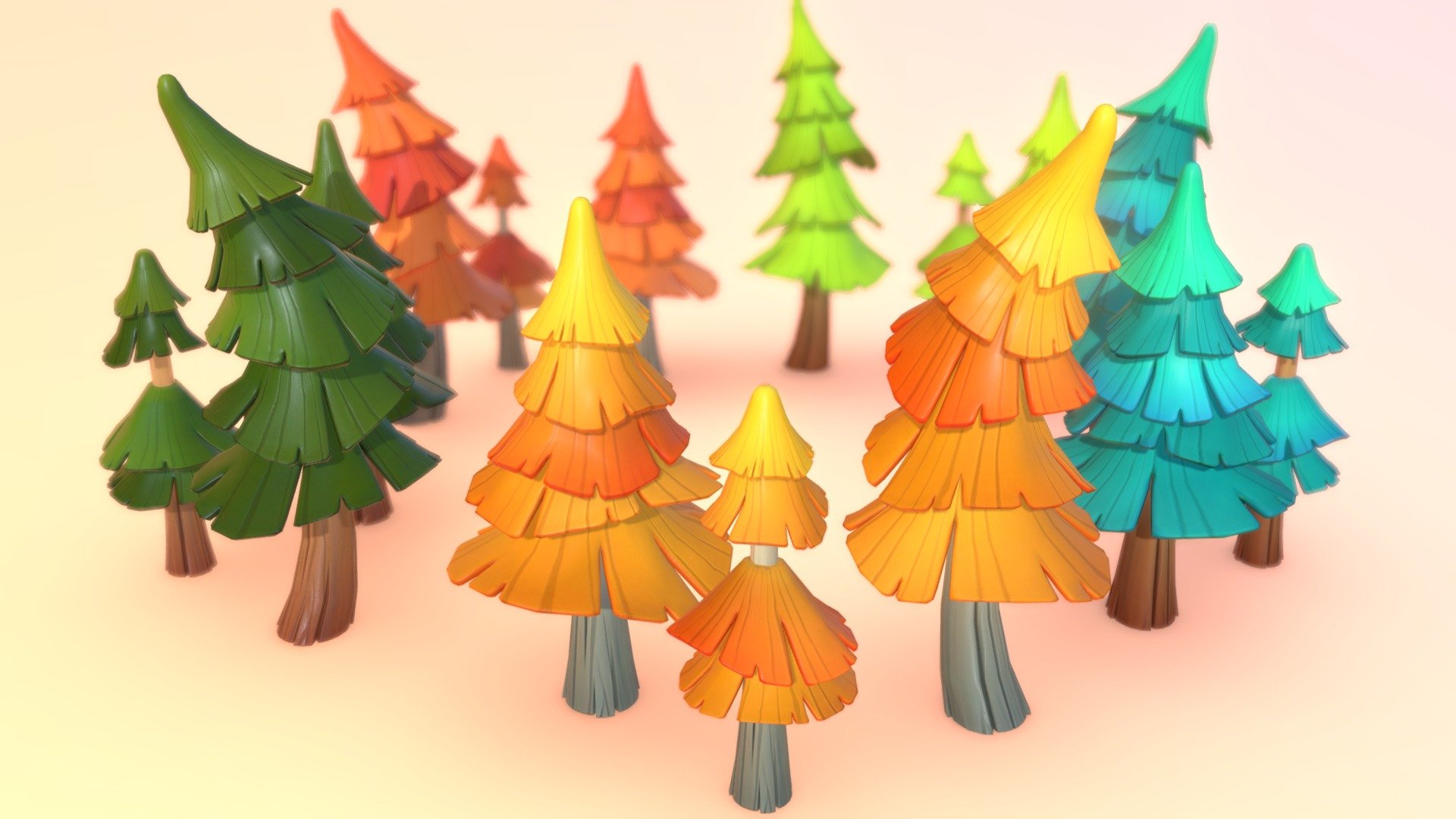 stylized  pine trees.

Bring the beauty of nature to your next project with this stylized colorful Trees Pack!
A pack of 15 cute stylized and toony Pine Tree models with PBR material. 
Also works unlit

There are more assets  to add to your game scene or environment. Check out my sale.
If you need more assets in this style. contact me.

**I also accept freelance jobs. Do not hesitate to write me. **

*-------------Terms of Use--------------

Commercial use of the assets  provided is permitted but cannot be included in an asset pack or sold at any sort of asset/resource marketplace.* - Pine Trees 003 - Buy Royalty Free 3D model by Stylized Box (@Stylized_Box) 3d model