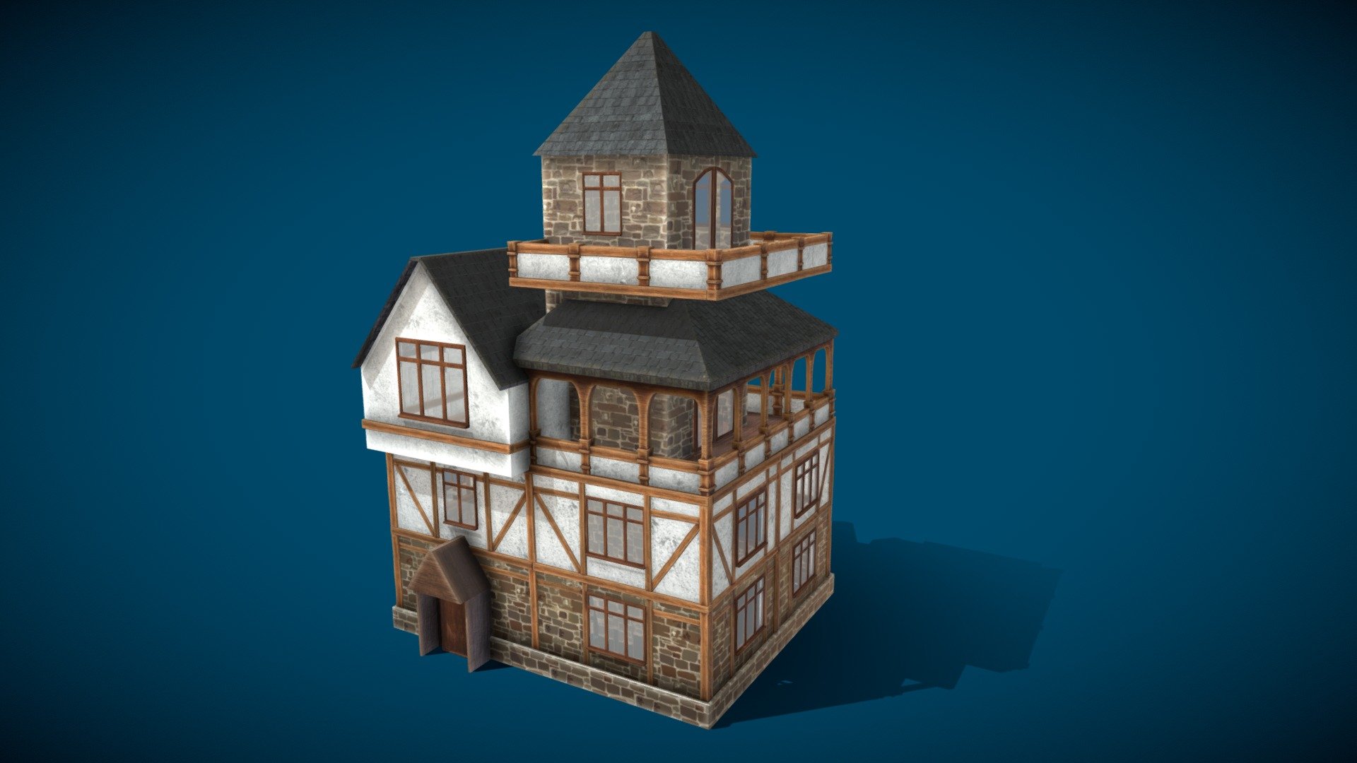 A low poly style Tudor house that I modelled in Blender and textured in Substance painter. This was a small personal project that was part of my learning process for modeling and texturing. 

Please note that this model has no interior modeling or walls, and there are 4 different material slots that include the wooden frame, walls, roof and windows. It works best as a background building, but with some updates it would work with close up views.

I love the tudor building style, wooden frames and just general look of tudor architecture and if you use this model I hope if fits well into your scene.

If I were to make this now I would use a different approach as some of the elements are not quite as oppitismed as they could be, but that is all part of the learning. For example I would now build the walls as modular sections and these sections would include the wooden frame which would make for a more efficient use of UV mapping and texturing. Although I'm still happy with the result and hence I am sharing here 3d model