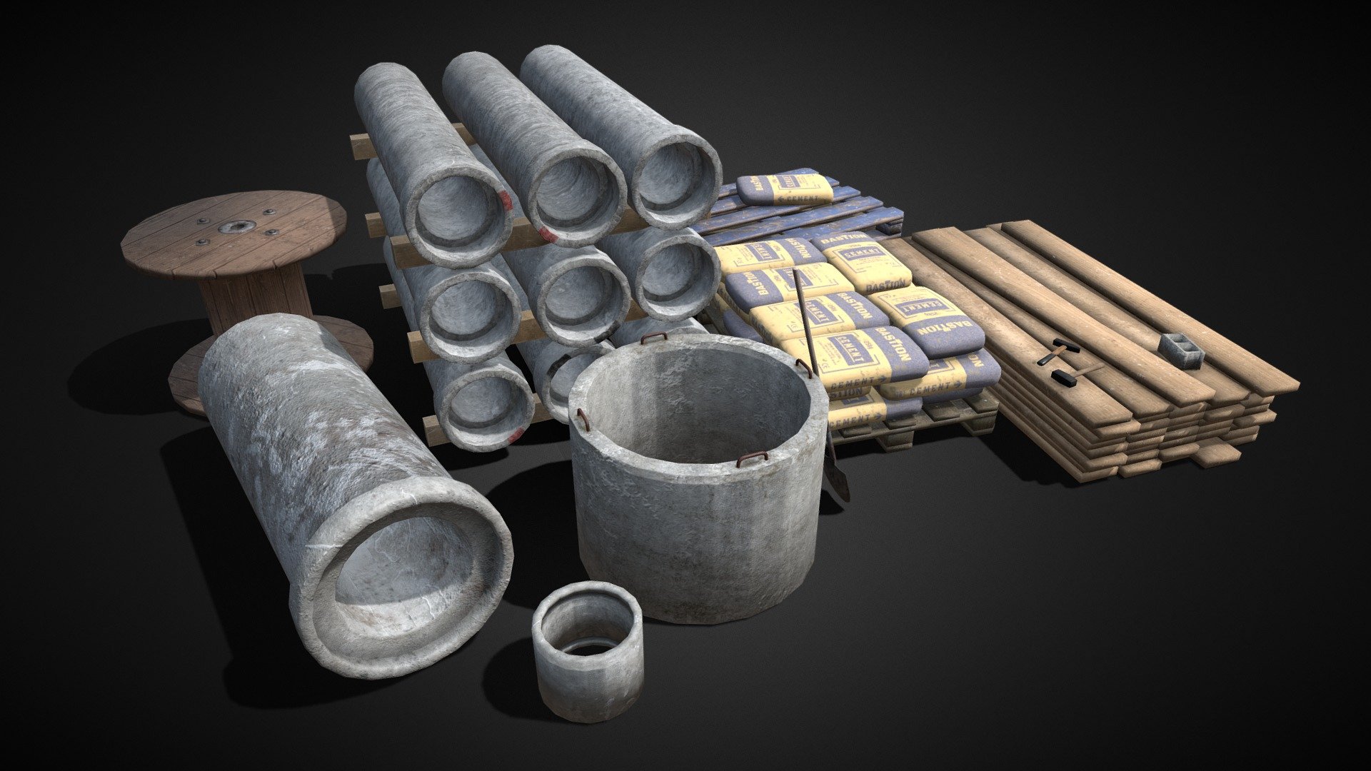 Various props you would find around a construction site or an industrial area.

Use it however you'd like.




Plank stack - 2k textures

Multiple concrete pipes - 1 and 2k textures

2 Pallets - 2k

Reel - 2k

3 Tools - 2 Hammers and 1 Shovel - 1k and 2k

1 concrete block - 1k

Cement bag - 1k
 - Construction Site Asset Pack - Download Free 3D model by vmatthew 3d model