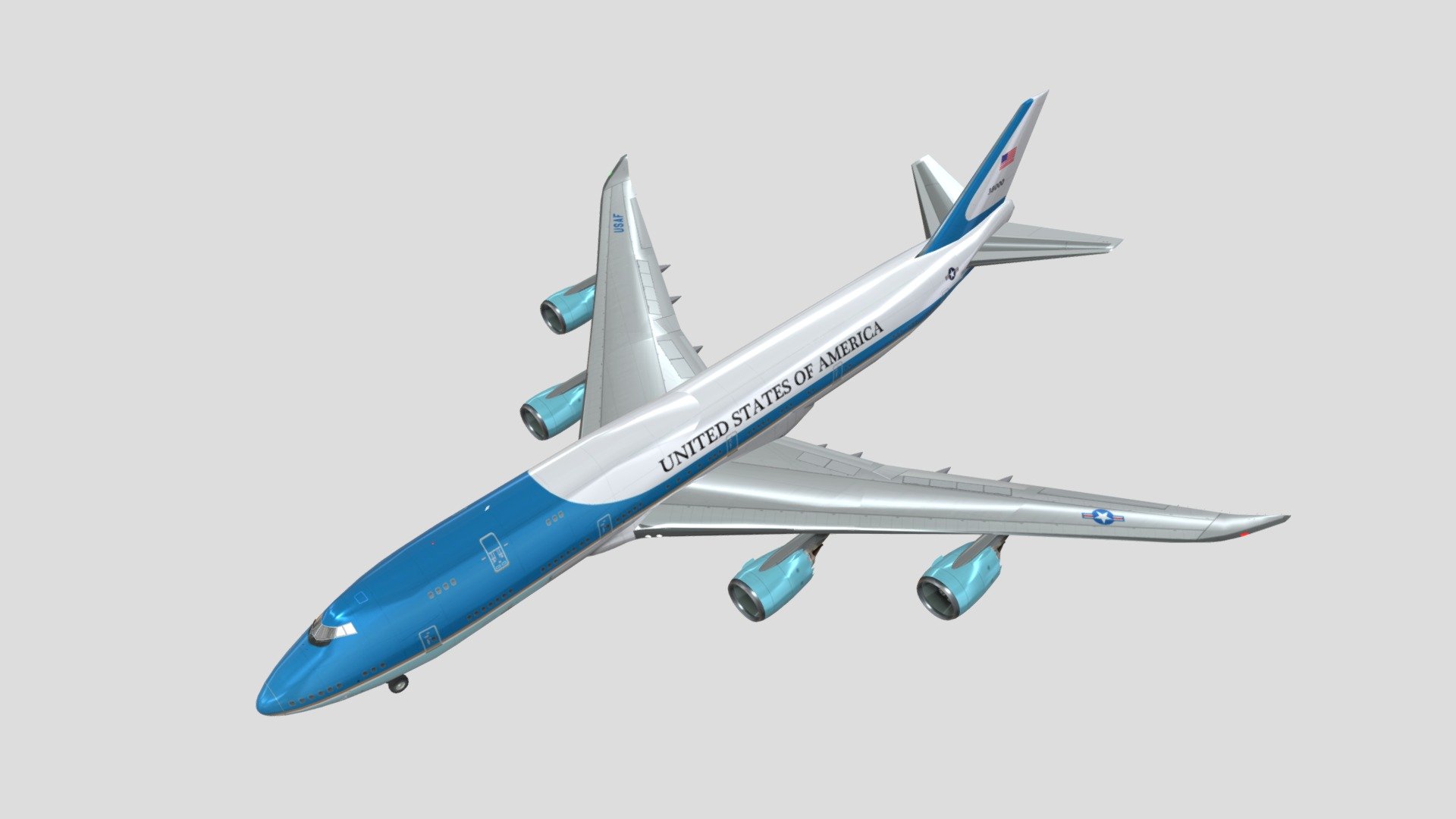 The Boeing VC-25 is a passenger aircraft designated by the United States Air Force, a military version of the Boeing 747 passenger aircraft. Model A, the VC-25A, is the only model of the VC-25. The VC-25 is best known as Air Force One, whose call sign is any United States Air Force aircraft bearing the President of the United States 3d model