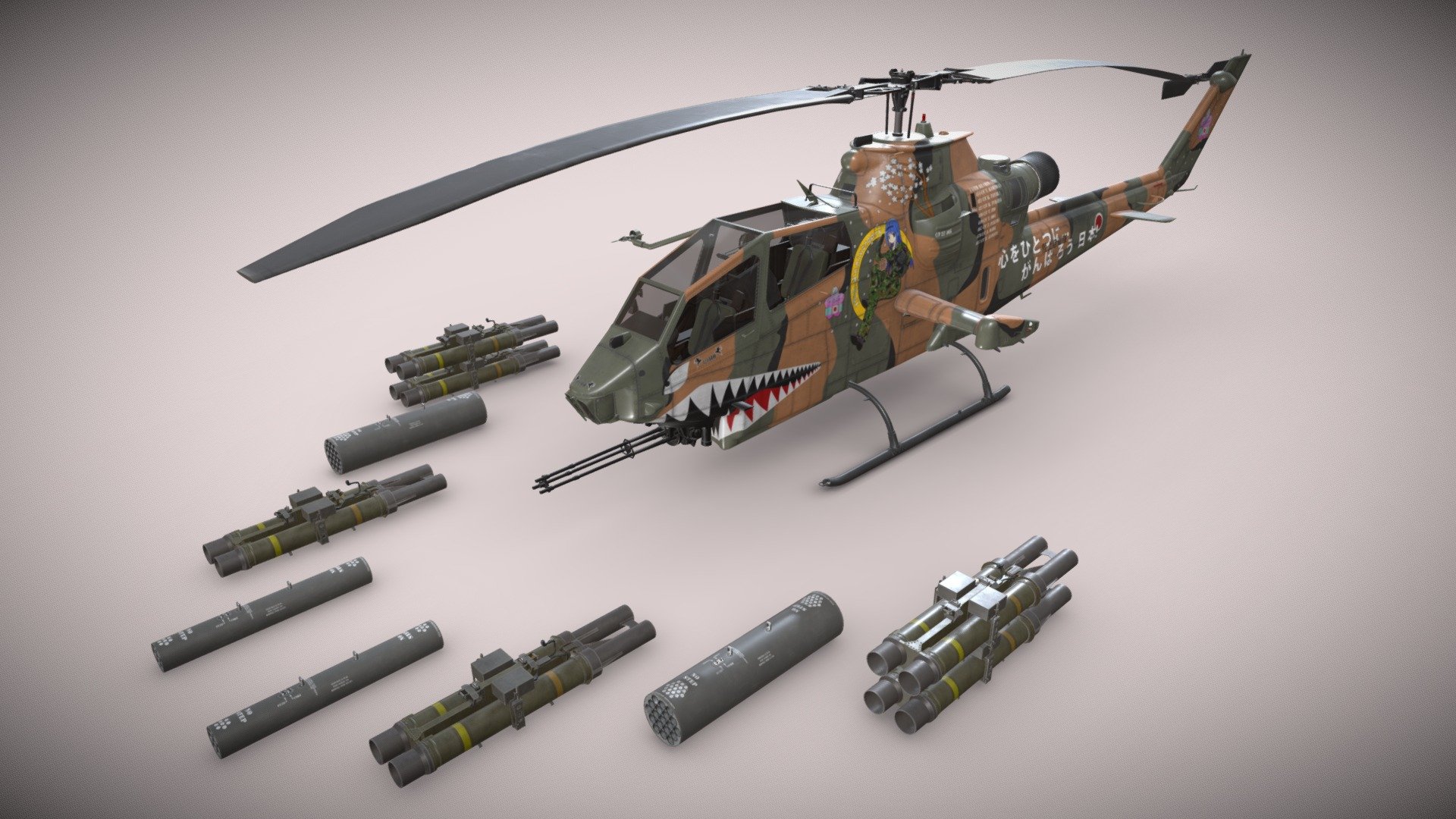 The Bell AH-1S Cobra is a single-engined attack helicopter
 

Basic and Complex Animation versions are available as seperate models (see my profile models)


Photoshop file is available. You can easily create your own livery    

File formats: 3ds Max 2021, FBX, Unity 2021.3.5f1


Weapon:


* - Launcher M-260 with Hydra 70 missiles 

* - Launcher M-261 with Hydra 70 missiles 

* - Missile Launcher BGM-71D TOW-2 X2 

* - Missile Launcher BGM-71D TOW-2 X4 



This model contains PNG textures(4096x4096):


-Base Color

-Metallness

-Roughness


-Diffuse

-Glossiness

-Specular


-Emission

-Normal

-Ambient Occlusion
 - Bell AH-1S Cobra JGSDF Aoi Kisarazu Static - Buy Royalty Free 3D model by pukamakara 3d model