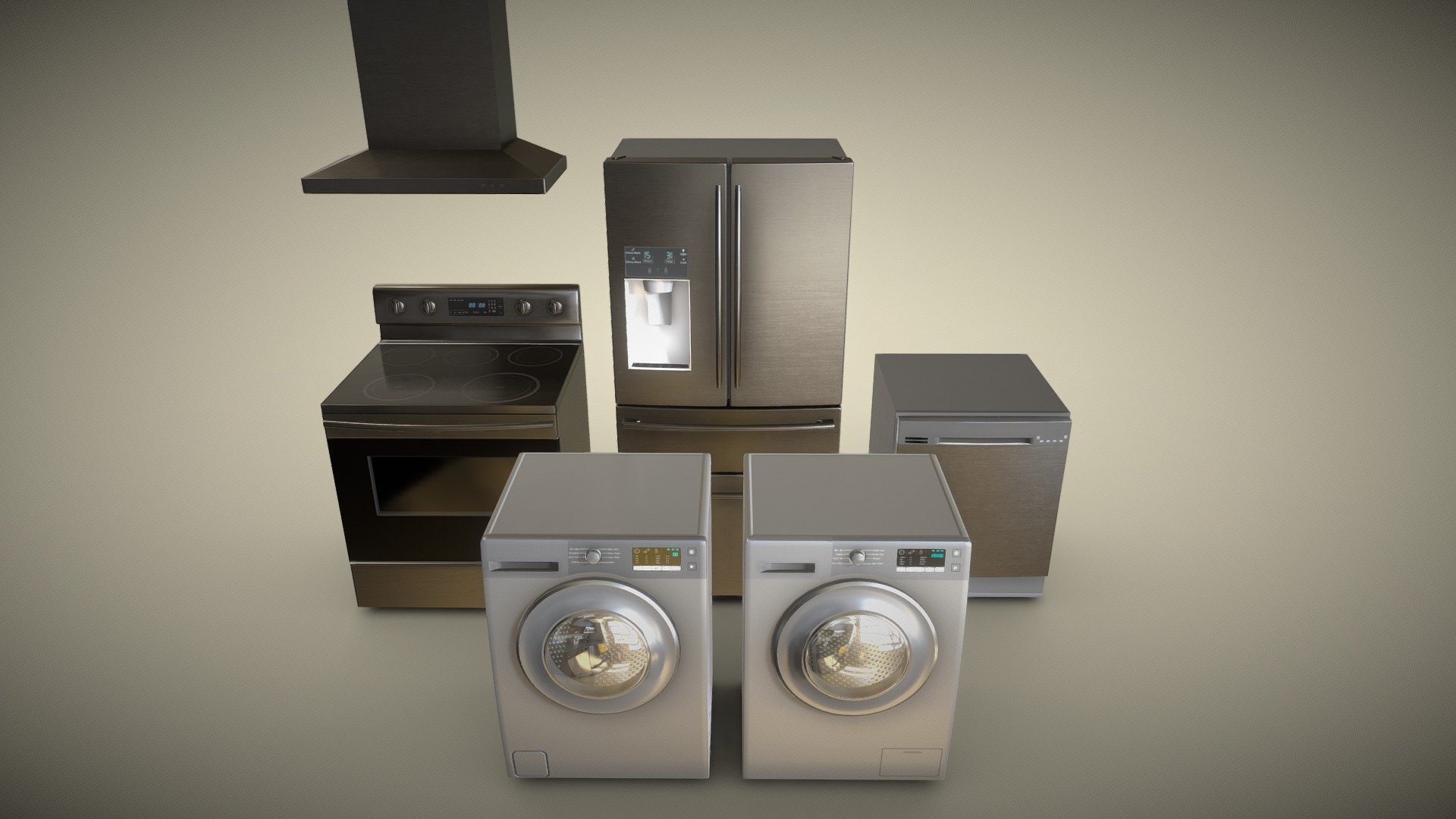 Modern Appliances

12,728 polys, 12,821 verts (All 6 Assets)

Texel Density: 10.24px/cm @4096x4096 5.12px/cm @2048x2048

Centimeter World Scale

5 Material Sets (All 6 Assets)

Fridge: 3,035 Verts, 2,911Faces, 1 Material Set Oven: 1,552 Verts, 1,579 Faces, 1 Material Set Dishwasher: 270 Verts, 263 Faces, Shared Material Set Oven Vent: 84 Verts, 84 Faces, Shared Material Set Washing Machine: 4,350 Verts, 4,343 Faces, 1 Material Set Dryer: 3,530 Verts, 3,548 Faces, 1 Material Set

File Includes: FBX OBJ DAE Blend 3DS STL PNG Textures 4096 and 2048 Resolution TIFF Textures 4096 and 2048 Resolution

Please contact me if you have any questions or business inquiries: bsw2142@gmail.com

You Can Also Get A Quote From Me Via Questioneer! Google Forms - Modern Appliances - Buy Royalty Free 3D model by Brandon Westlake (@dr.badass2142) 3d model