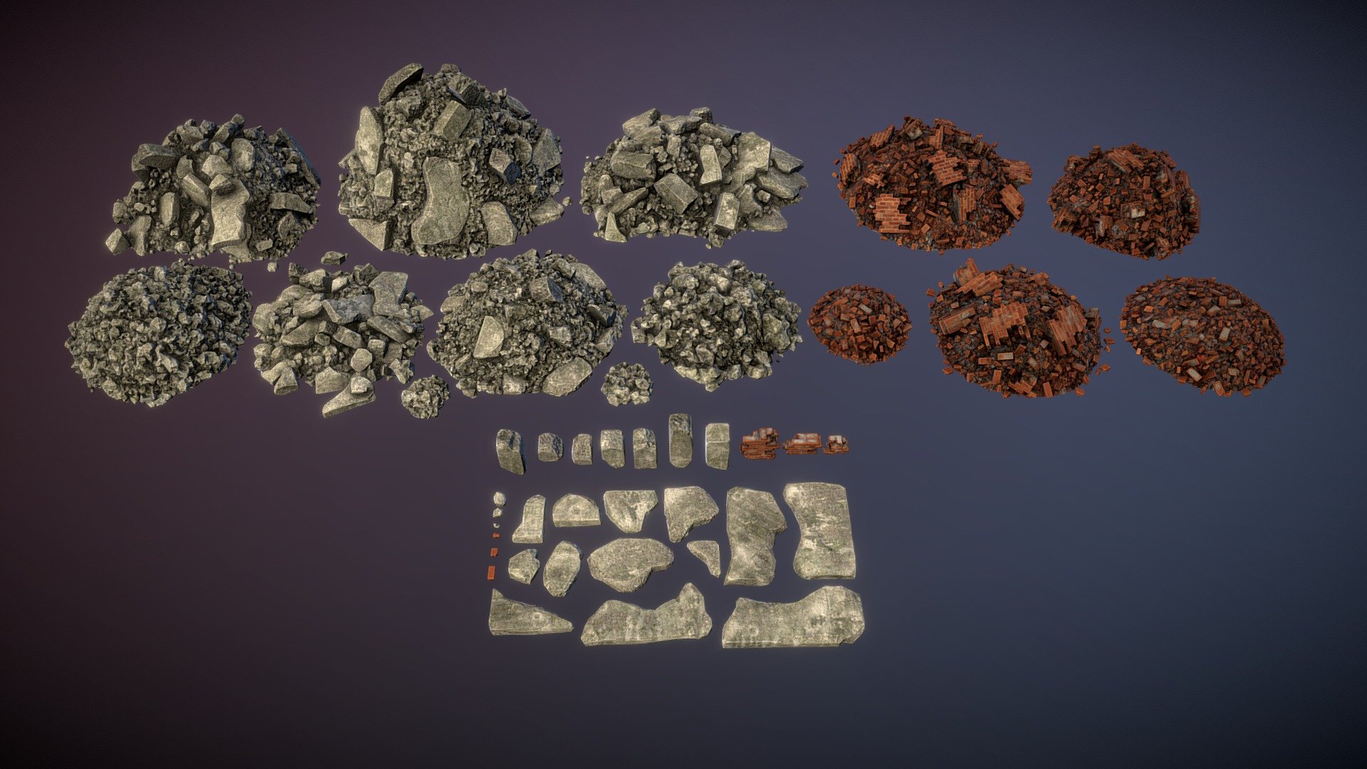 Set of stone debris heaps and separated broken stones 3d model