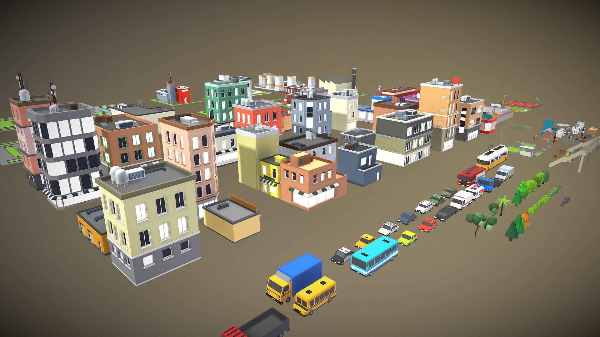 **DrCG Stylized Low Poly City is a modular flexible package of stylized 3D models. This package is Game/AR/VR Ready and Mobile Optimized.

**

Who is this product suitable for?

It doesn’t matter if you are an indie developer or a team consist of several professional or hobbyist person. Using this product, you can easily make your own game or even cartoon movie in the fastest possible time and do not get involved in modeling issues.

What's Inside?
200 Different Object With 140,865 Poly Count - Modular Stylized Low Poly Cartoon City - 3D model by DrCG 3d model