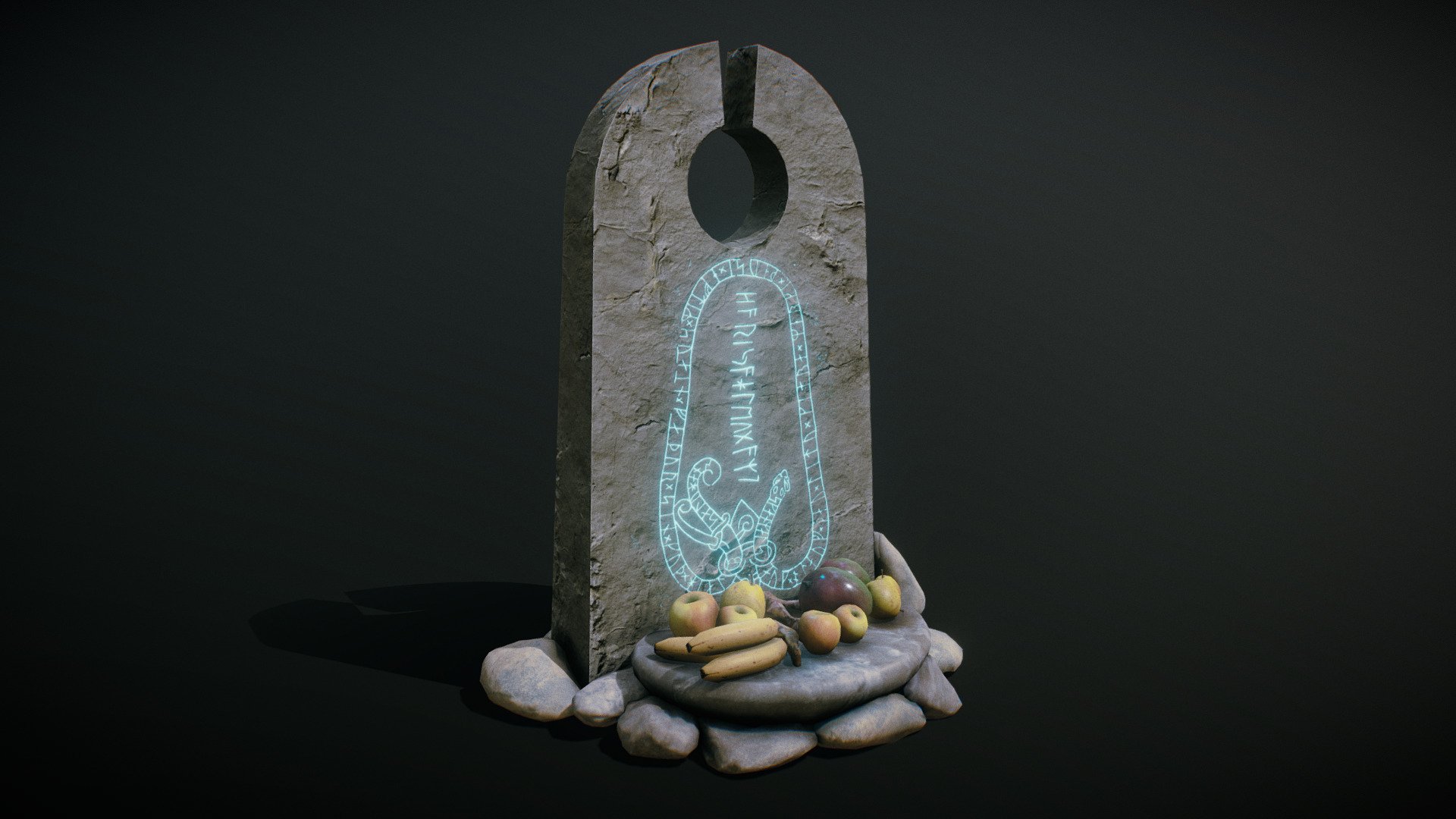 Prayer stone altar with glowing runes and fruits and meat places as a secrefice.

Single material, 4k png textures 3d model