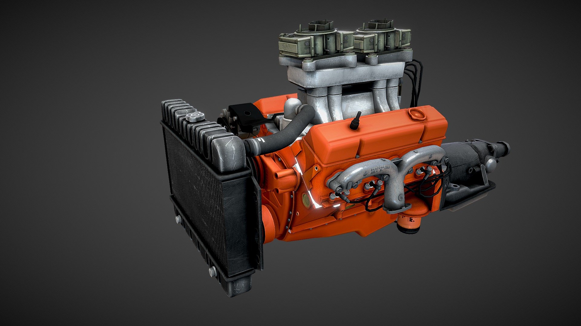 High accuracy V8 engine model, full textured.
Game-ready lowpoly geometry.

Parts list :
1-V8 small block
2-oil pan
3-oil filter
4-left head
5-left head cover
6-left head header
7-right head
8-right head cover
9-right head header
10-dualquad manifold intake
11-holley carburetors
12-fuel pomp
13-water pomp
14-alternator
15-timing cover
16-timing chain and gear set
17-ignition distributor
18-drive pulley
19-air cleaner
20-transmission
21-clutch
22-torque converter - V8 Small Block - Buy Royalty Free 3D model by Veaceslav Condraciuc (@FLED) 3d model