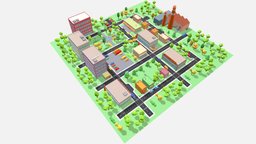 Town pack (Low Poly) tree, road, town, town-city, cartoon, game, lowpoly, car, city