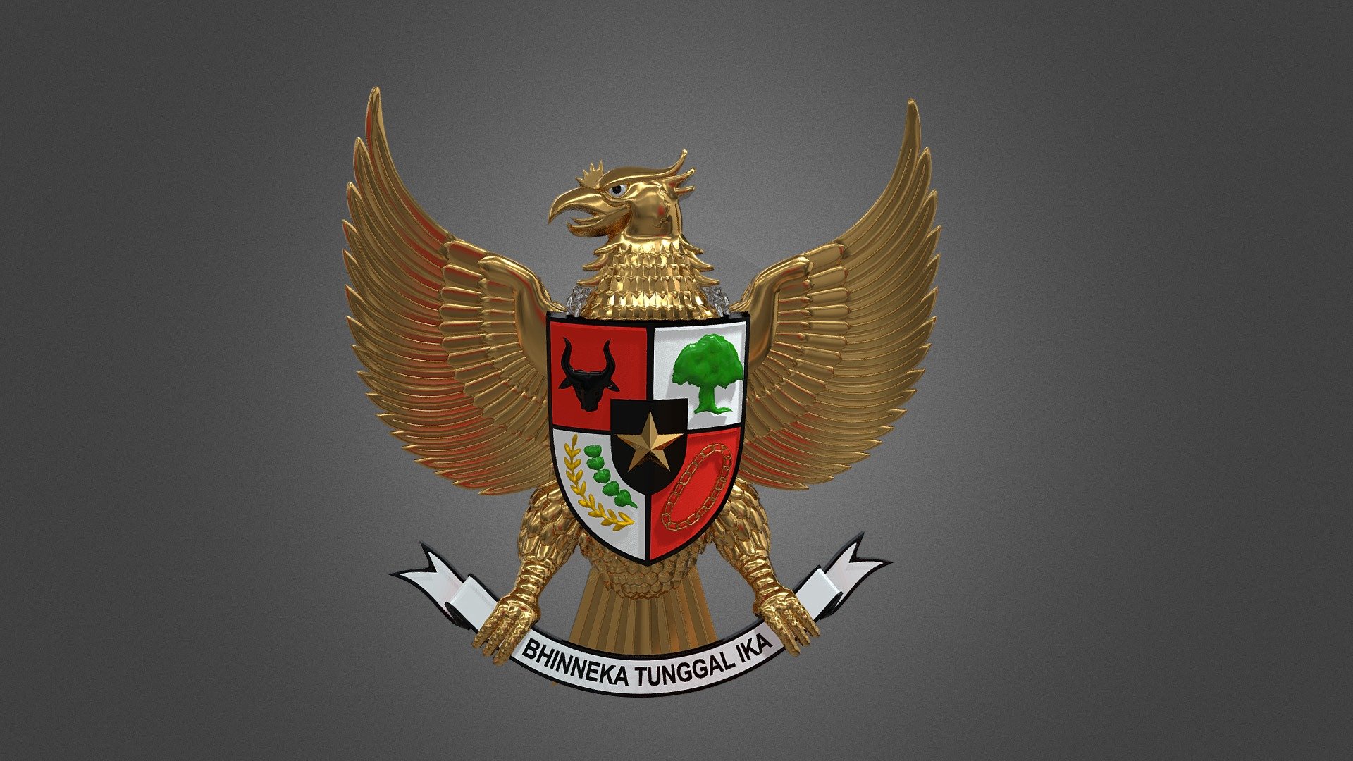 The national emblem or coat of arms of Indonesia is called Garuda Pancasila.[2] The main part is the Garuda with a heraldic shield on its chest and a scroll gripped by its legs. The shield's five emblems represent Pancasila, the five principles of Indonesia's national ideology 3d model