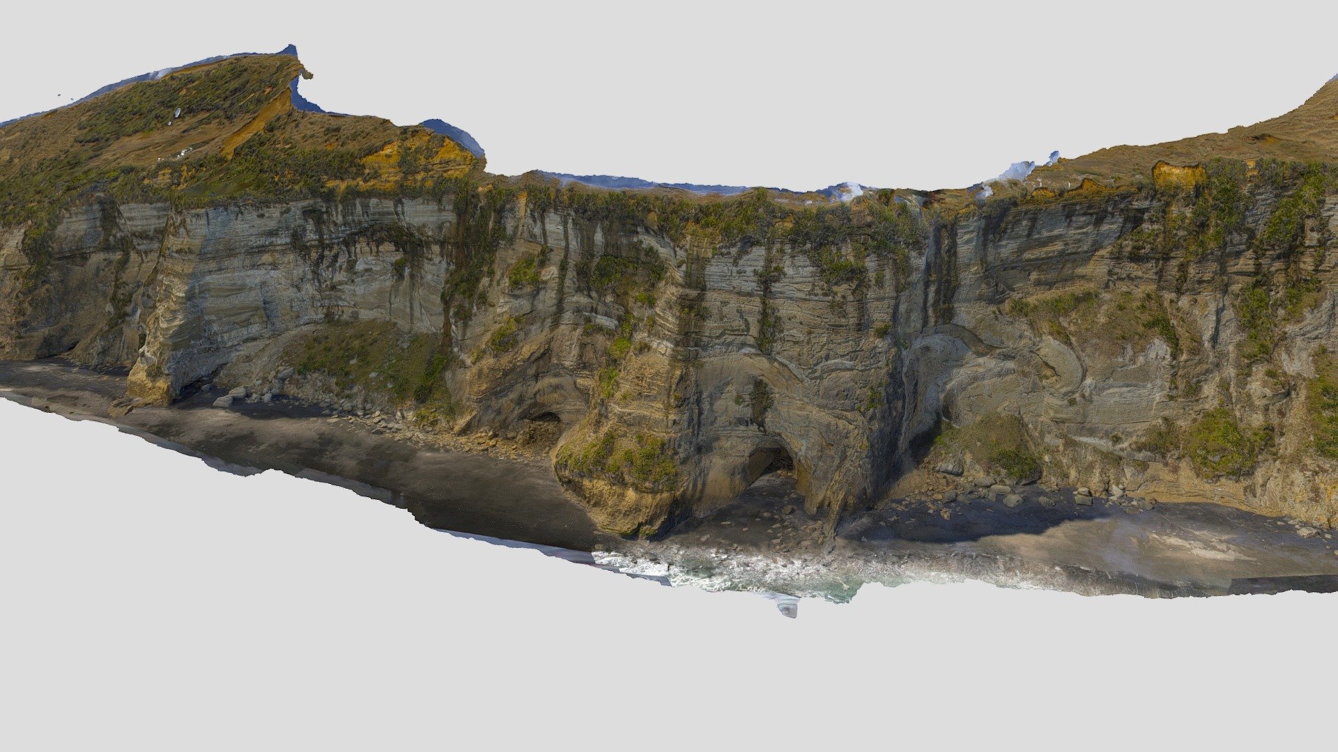 Paparahia Beach, Awakino, Waitomo District, South Waikato, New Zealand. 

Exposed in this cliff are sediments that were part of an ancient underwater landslide. The rocks have been bent, folded, and contorted as they moved over the sea floor 3d model