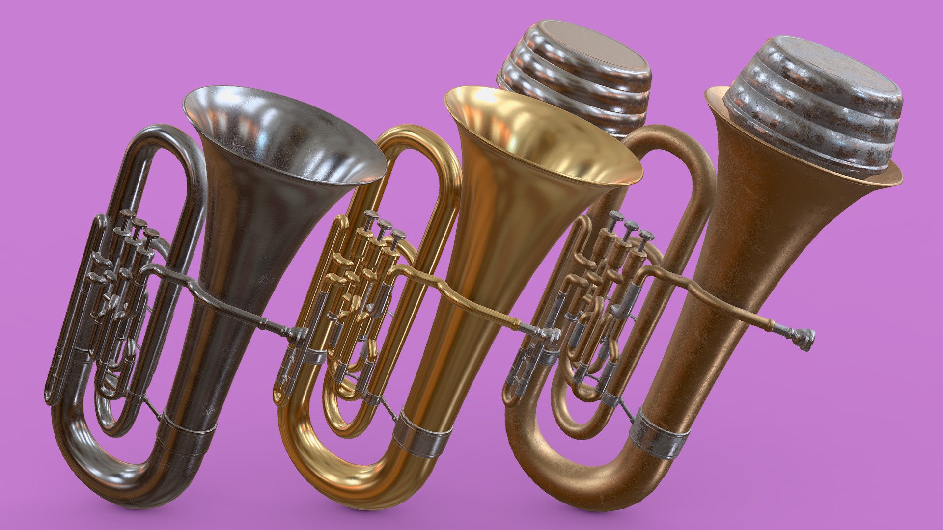 The valves of the tuba are seperate meshes so that they can be animated.

This instrument asset includes a mute as a seperate optional mesh.



There are three separate texture sets available in the additional files:

- A mint condition brass variant

- A silver variant with accumulated dust

- A dull variant with wear and tear



All three texture sets are packed and ready for import into Unreal and Unity with proper texture settings. An unpacked roughness metallic set is included as well for generic work. For further customization, I've included the baked mesh maps that were generated from the high poly from Substance Painter. While the textures from the Sketchfab viewport are 2048 by 2048, the textures from the additional files are 4096 by 4096 3d model