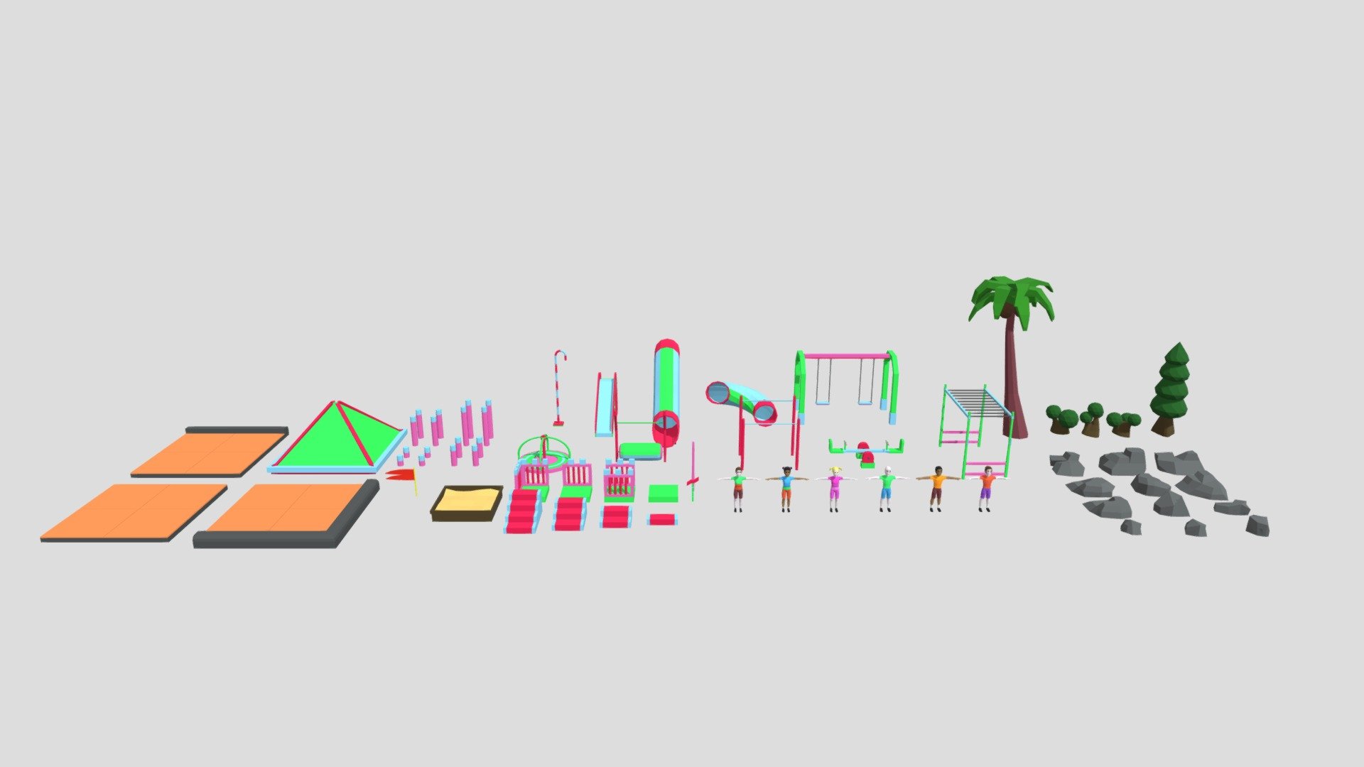 This pack is a free sample of what is in store with other 9t5 Low Poly Packs. It includes 45 Low Poly Models based around a playground theme.

Craft your own modular playground!





Features dynamic props to allow for animation and physics.




All Props are Modular and will work with other 9t5 Low Poly Packs




Features Characters Female x 3 &amp; Male x 3




Characters have shape keys attached to the eyes, allowing for Blinking, Eyebrows Up &amp; Down




Easily change or swap out materials to any desired colour.


 - Low Poly Playground Pack - Download Free 3D model by 9t5 (@9t5design) 3d model