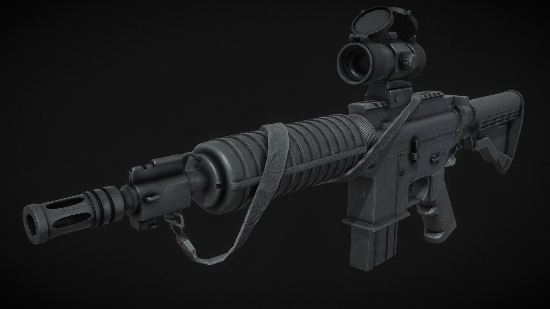 Weapon i made for one of my character models: Modern Soldier

The M4 carbine (officially Carbine, Caliber 5.56 mm, M4) is a 5.56×45mm NATO, gas-operated,[b] magazine-fed carbine developed in the United States during the 1980s. It is a shortened version of the M16A2 assault rifle 3d model