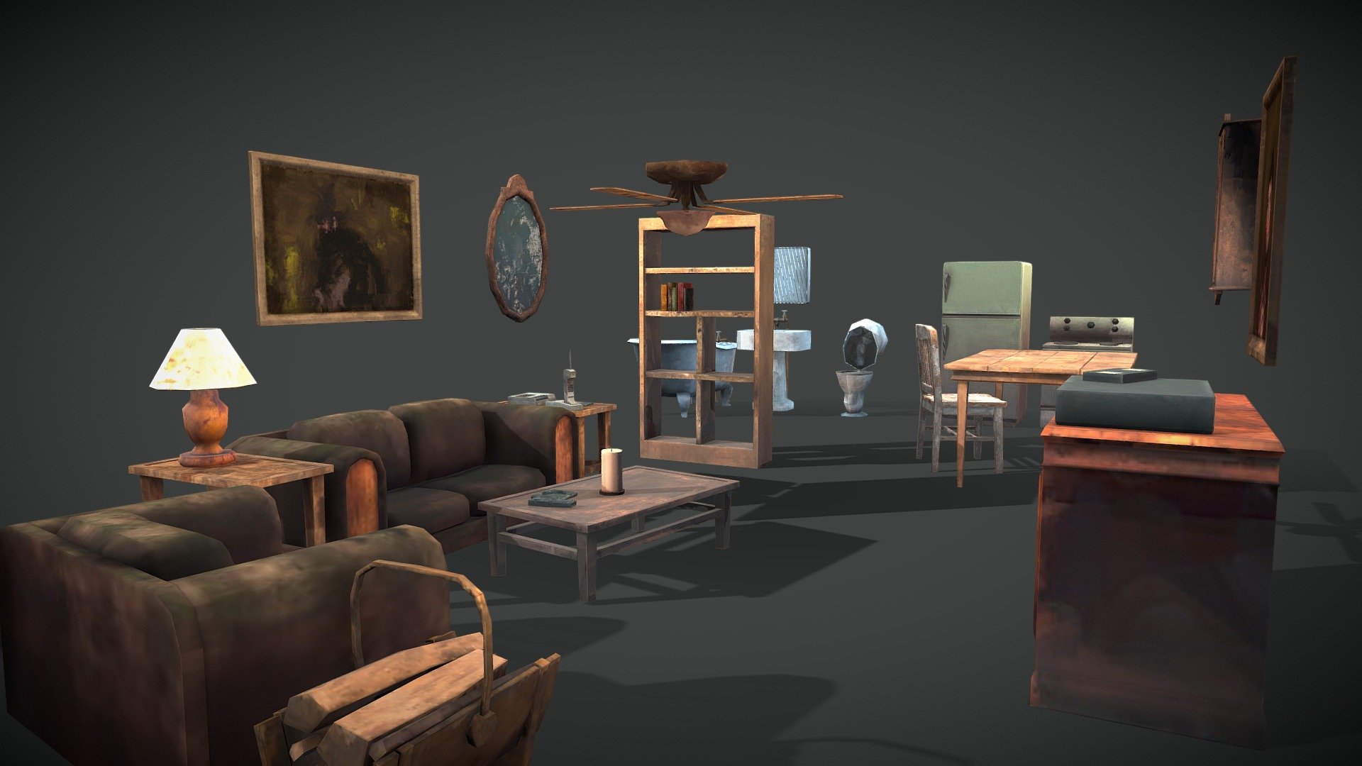 Low poly, PSX and 90s era set of interior home props inspired by 70s and 80s horror movies 3d model