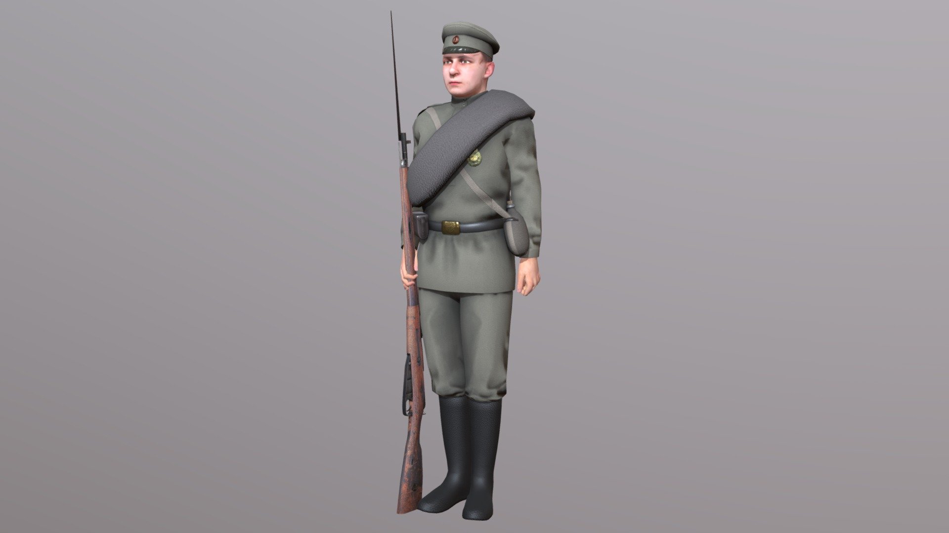 Low poly WW1 russian soldier model, was made for a scene where it was seen from a distance as a large crowd. Normal map and AO were baked from a high poly partially made in Marvelous Designer 3d model