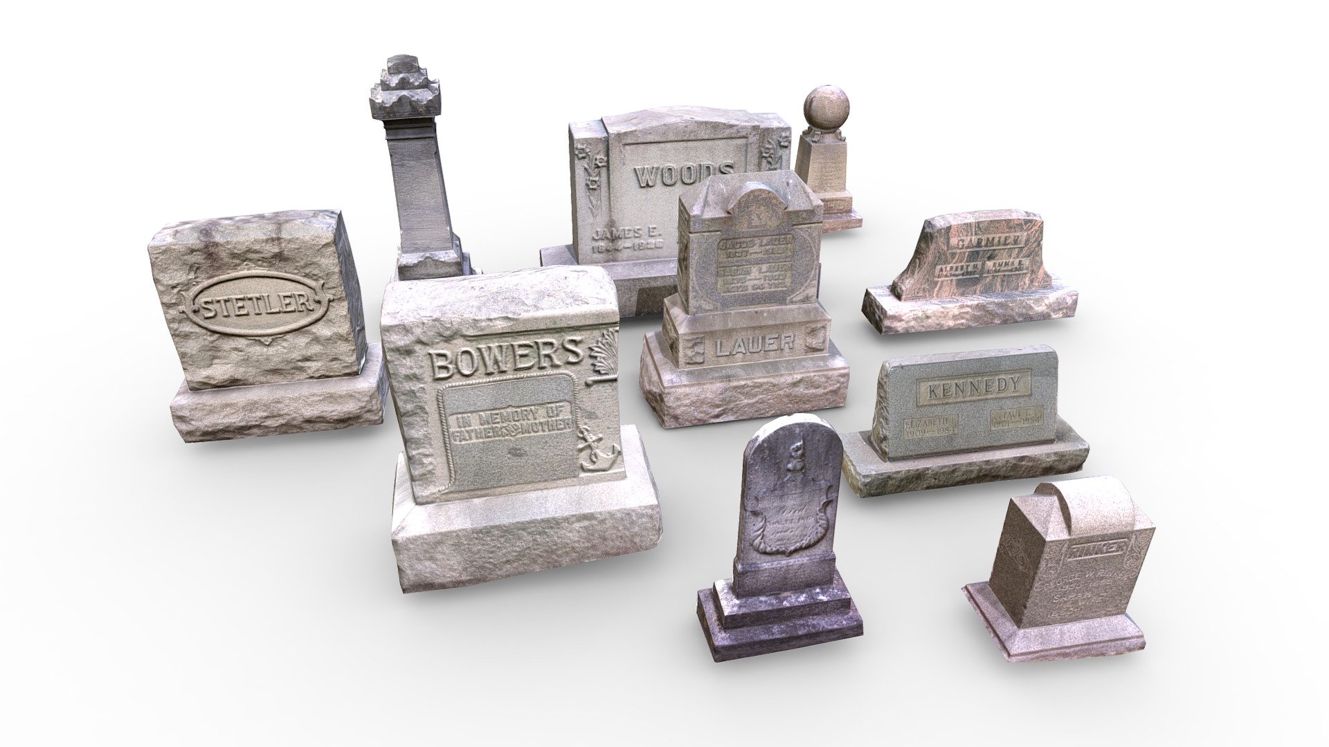 Asset pack of 10 game ready gravestones. All models are textured with 2K PBR Albedo/Color, Normal, Roughness &amp; Occlusion maps. These assets were retopologized from photoscanned models, with polygons counts range from 528-3212 tris for real time applications or quick rendering times in ray tracing engines 3d model