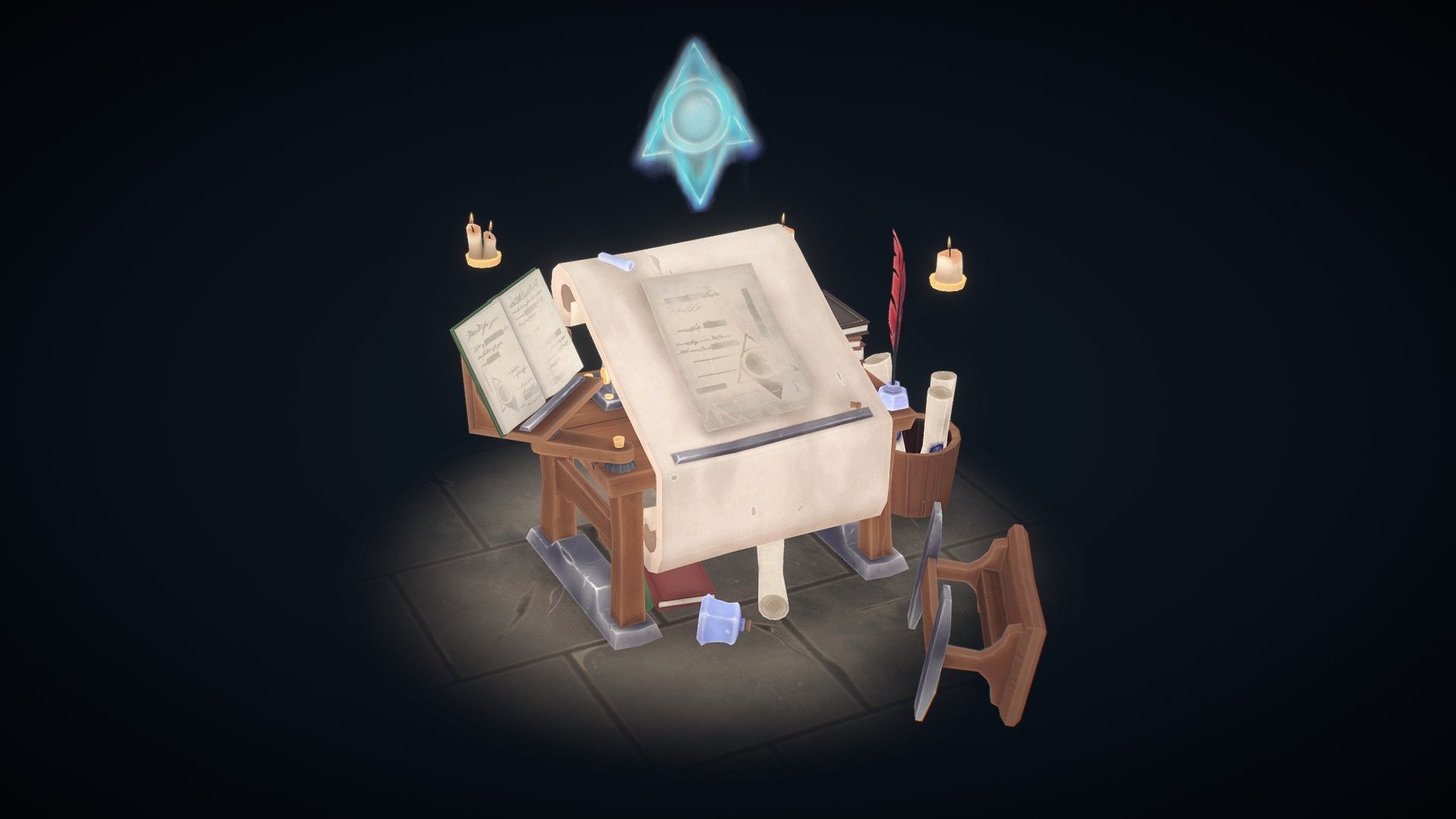 A little handpainted fantasy spellbound desk prop setup made in Maya, Substance Painter &amp; Photoshop (and a little bit of 3DCoat).

I wanted to do something that was somewhere between My Time at Portia and World of Warcraft.

Based on my own concepts &amp; sketches.

You can check out more here - 
https://www.artstation.com/artwork/3qBnK2 - Spellbound Desk - 3D model by rp3d_ 3d model
