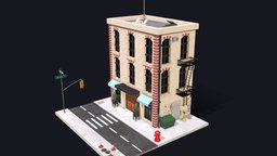 New York street with building low poly district, road, apartment, manhattan, newyork, america, nyc, isometric, cityscape, downtown, arhitecture, substancepainter, blender, lowpoly, house, usa, city, building, street, modular, gameready