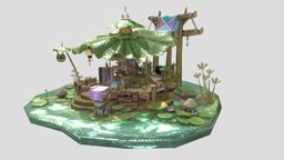 Diorama Potion shop tree, plants, frog, 3dart, diorama, nature, swamp, potions, substancepainter, substance, game, 3d, art, gameart, wood, sketchfab, shop, concept, magic
